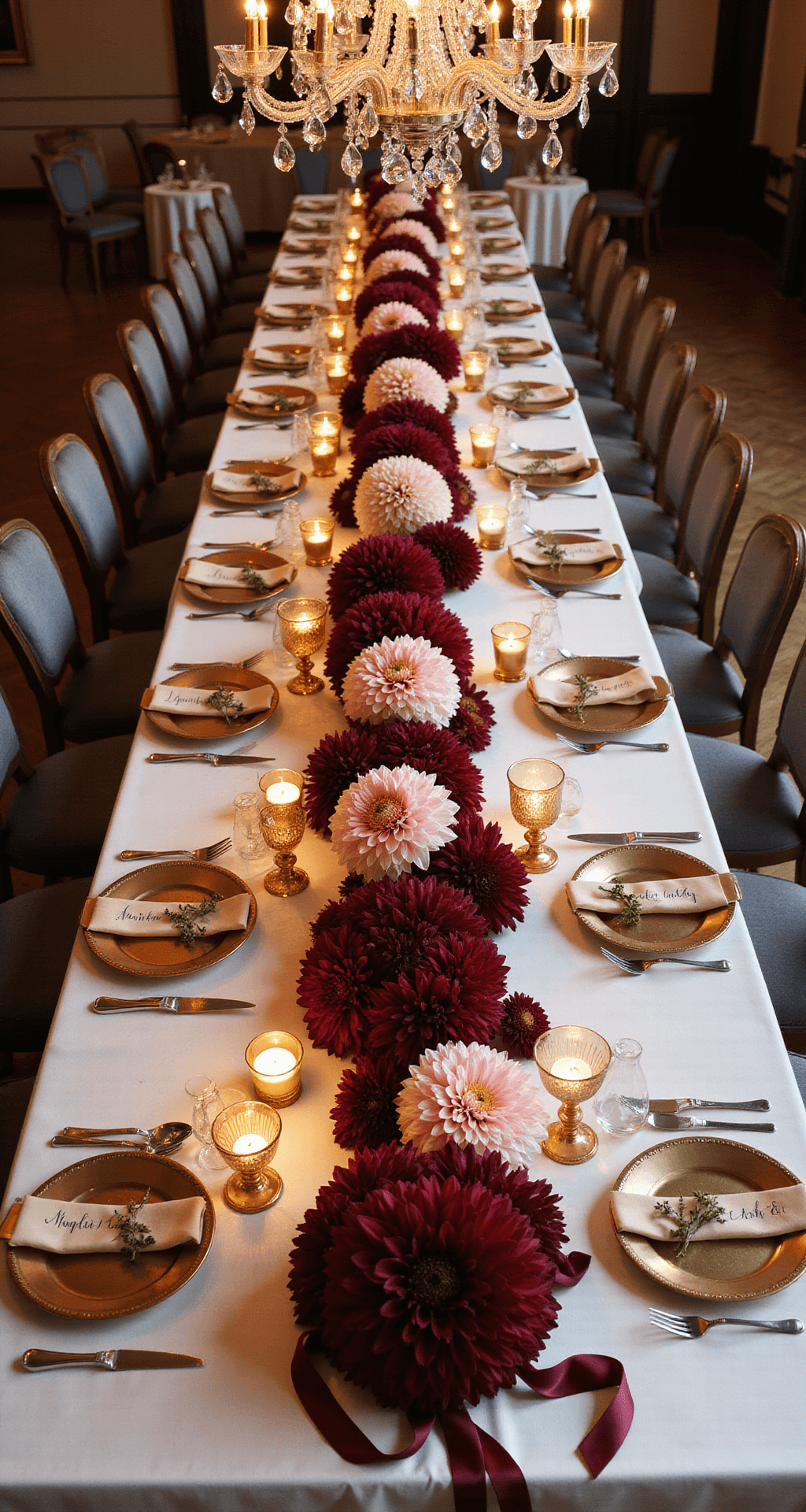 Creating Your Dream Summer Wedding Flower Overhead view of an elegant reception table adorned with deep burgundy and blush dahlias, crystal chandeliers illuminating a long marble table with ivory silk linens, gold-rimmed chargers, hand-calligraphed name cards, and tiered dahlia centerpieces, surrounded by mercury glass votives and silk ribbons.