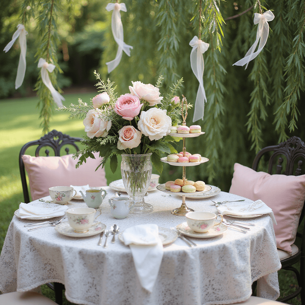 10 Unforgettable Small Birthday Party Ideas That Spark Joy A whimsical tea party in a sun-drenched garden with a lace-covered table featuring pastel macarons, miniature sandwiches, and mismatched vintage teacups, surrounded by cushioned wrought-iron chairs and a centerpiece of fresh peonies and garden roses, all adorned with sheer organza ribbons in a gentle breeze.