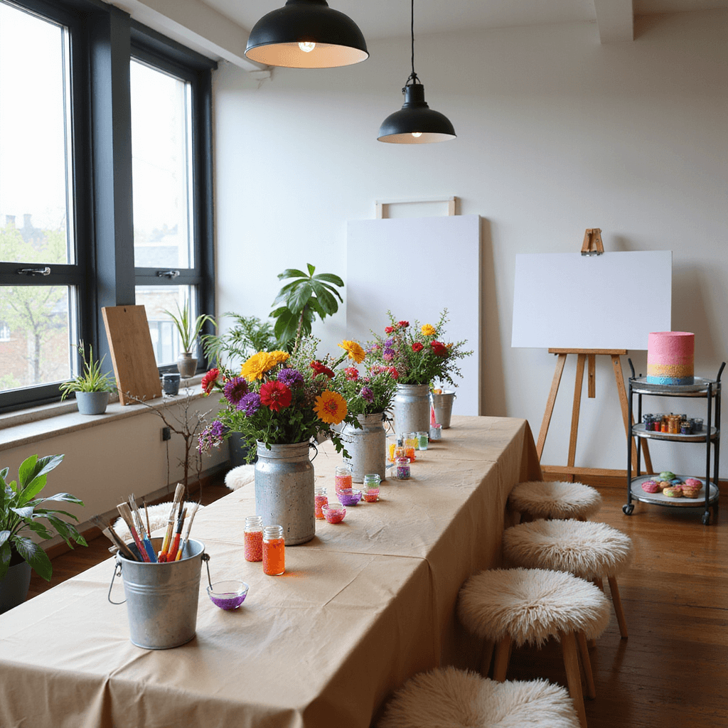 10 Unforgettable Small Birthday Party Ideas That Spark Joy A vibrant indoor craft celebration in a light-filled apartment featuring a long farmhouse table covered in colorful crafts, mason jars with art supplies, fresh flowers in galvanized buckets, easels with blank canvases, cozy sheepskin stools, and a dessert cart with a rainbow layer cake and color-coordinated macarons.