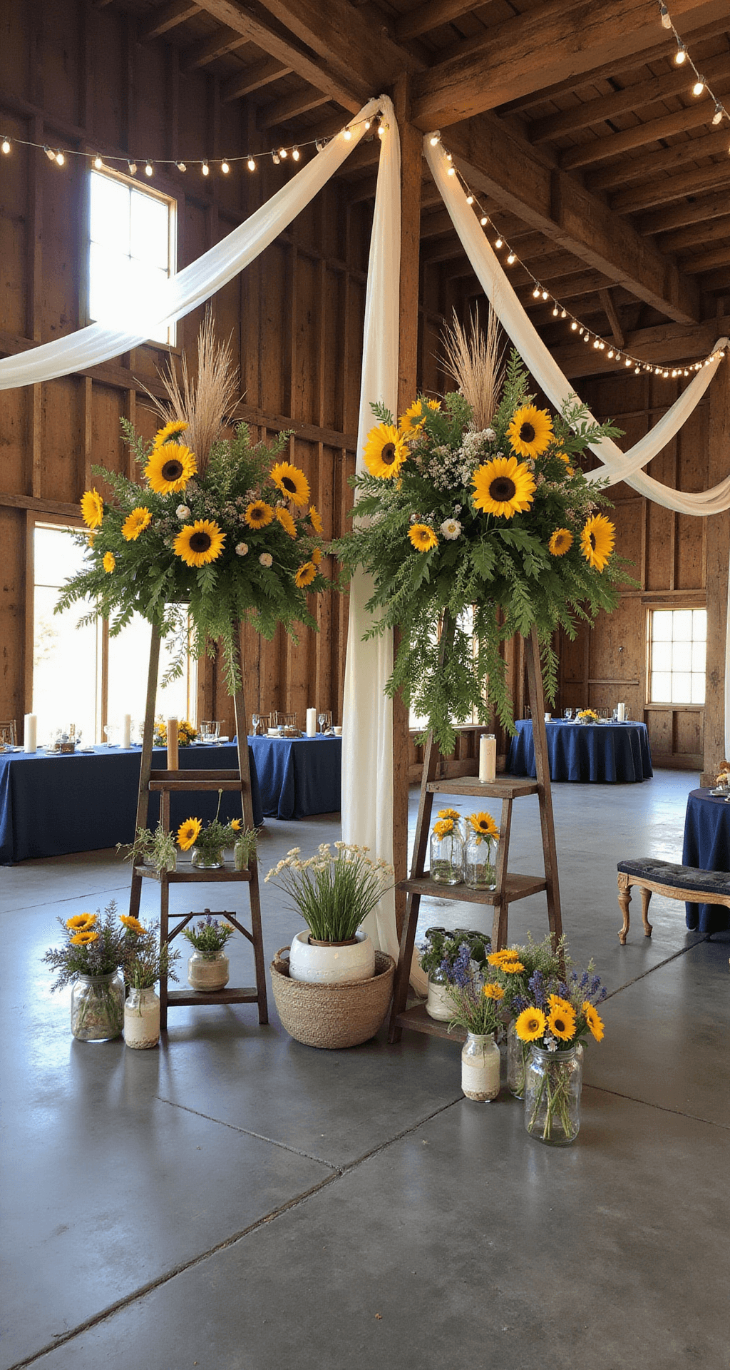 Creating Your Dream Summer Wedding Flower A rustic barn interior decorated for a summer celebration, with tall sunflower arrangements and wildflowers, natural light streaming through windows, exposed wooden beams adorned with string lights, farm tables draped in navy linens, brass candlesticks, and vintage ladder displays of sunflower mason jar arrangements.