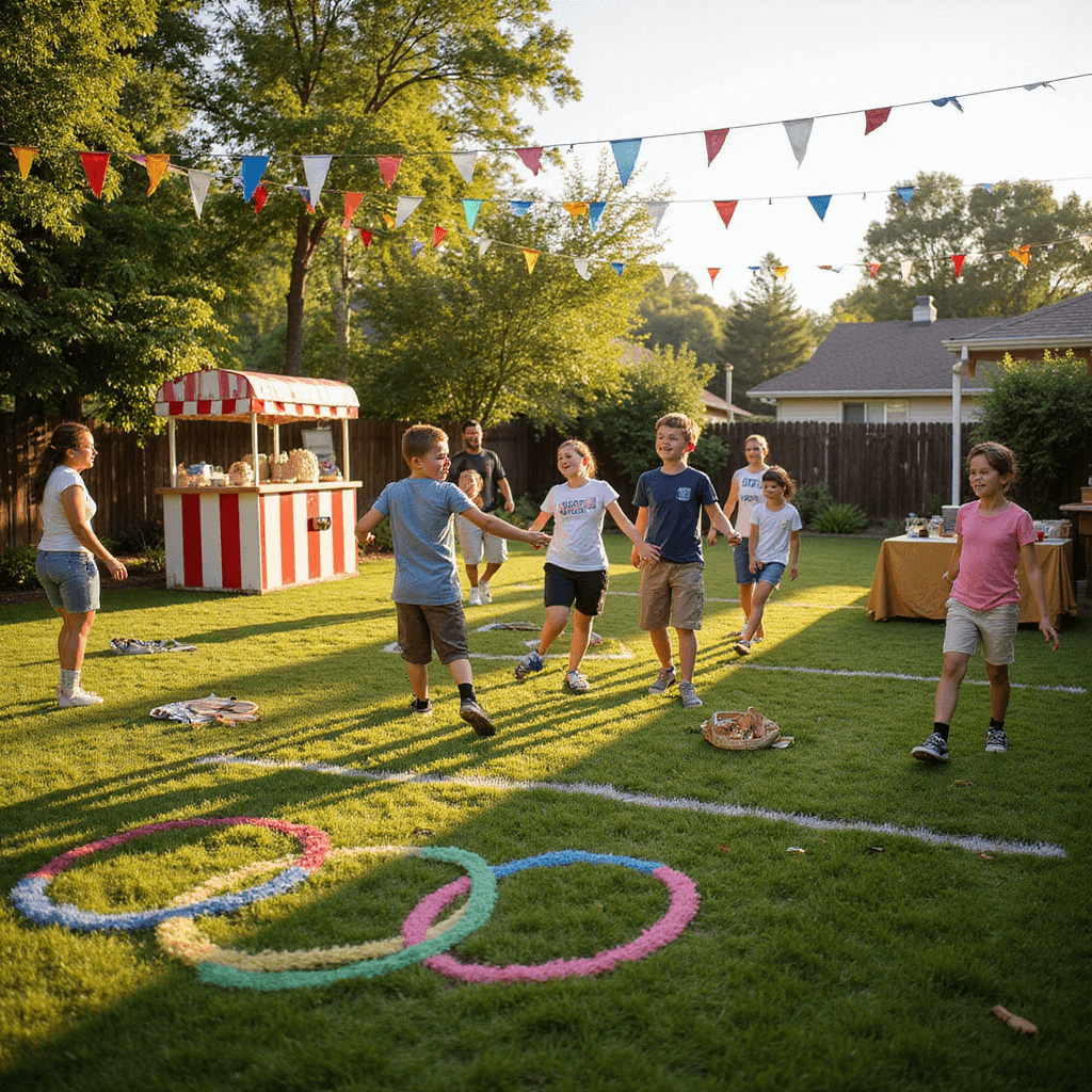 10 Unforgettable Small Birthday Party Ideas That Spark Joy A vibrant backyard scene during golden hour, featuring mini-Olympic games with colorful event stations, a striped popcorn stand, balloon arches, a podium for medal ceremonies, and guests of all ages joyfully participating in relay races under twinkling string lights.