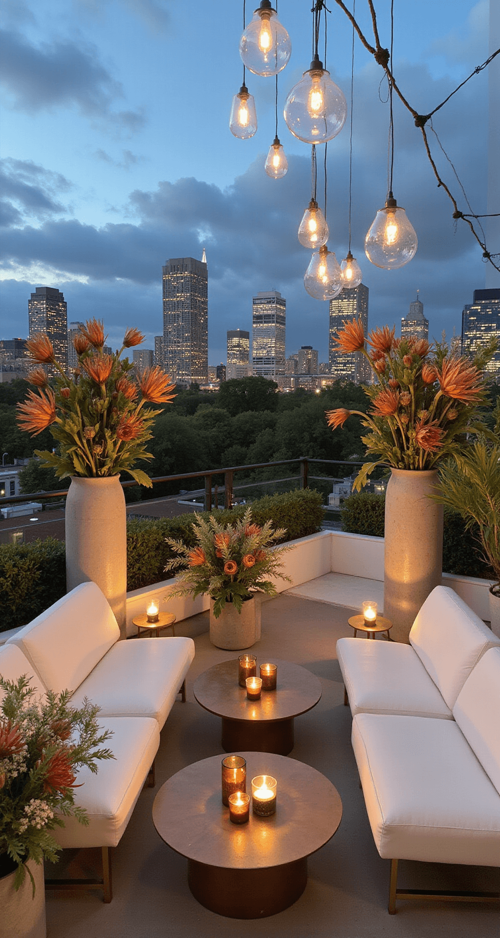 Creating Your Dream Summer Wedding Flower Modern rooftop venue adorned with exotic protea blooms in terracotta and sage green, featuring white leather seating, brass accent tables, and architectural arrangements in concrete vessels. Suspended geometric installations add visual interest against a city skyline at dusk, accompanied by copper chargers and smoky glass votives.