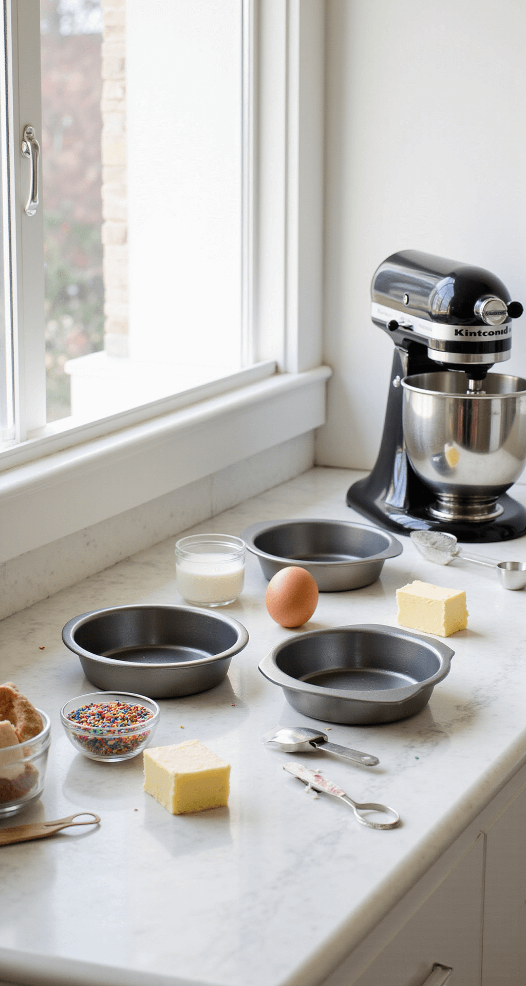 PINK BIRTHDAY CAKE: SPRINKLE-LOADED CELEBRATION DELIGHT A well-organized kitchen countertop with three round cake pans, fresh baking ingredients, a stand mixer, and measuring tools, bathed in soft natural light.