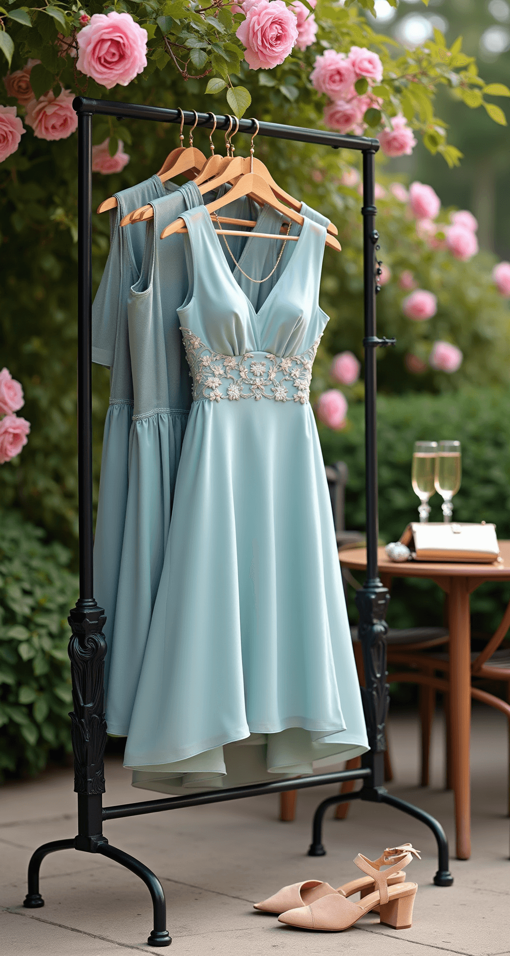 THE ULTIMATE GUIDE TO DRESSING FOR A WEDDING (WITHOUT STEALING THE BRIDE'S THUNDER!) An elegant garden terrace at magic hour featuring a powder blue chiffon cocktail dress with floral embroidery on a clothing rack, paired with nude strappy sandals, a metallic clutch, and gold jewelry, surrounded by soft pink roses and greenery, with champagne glasses creating a dreamy ambiance.