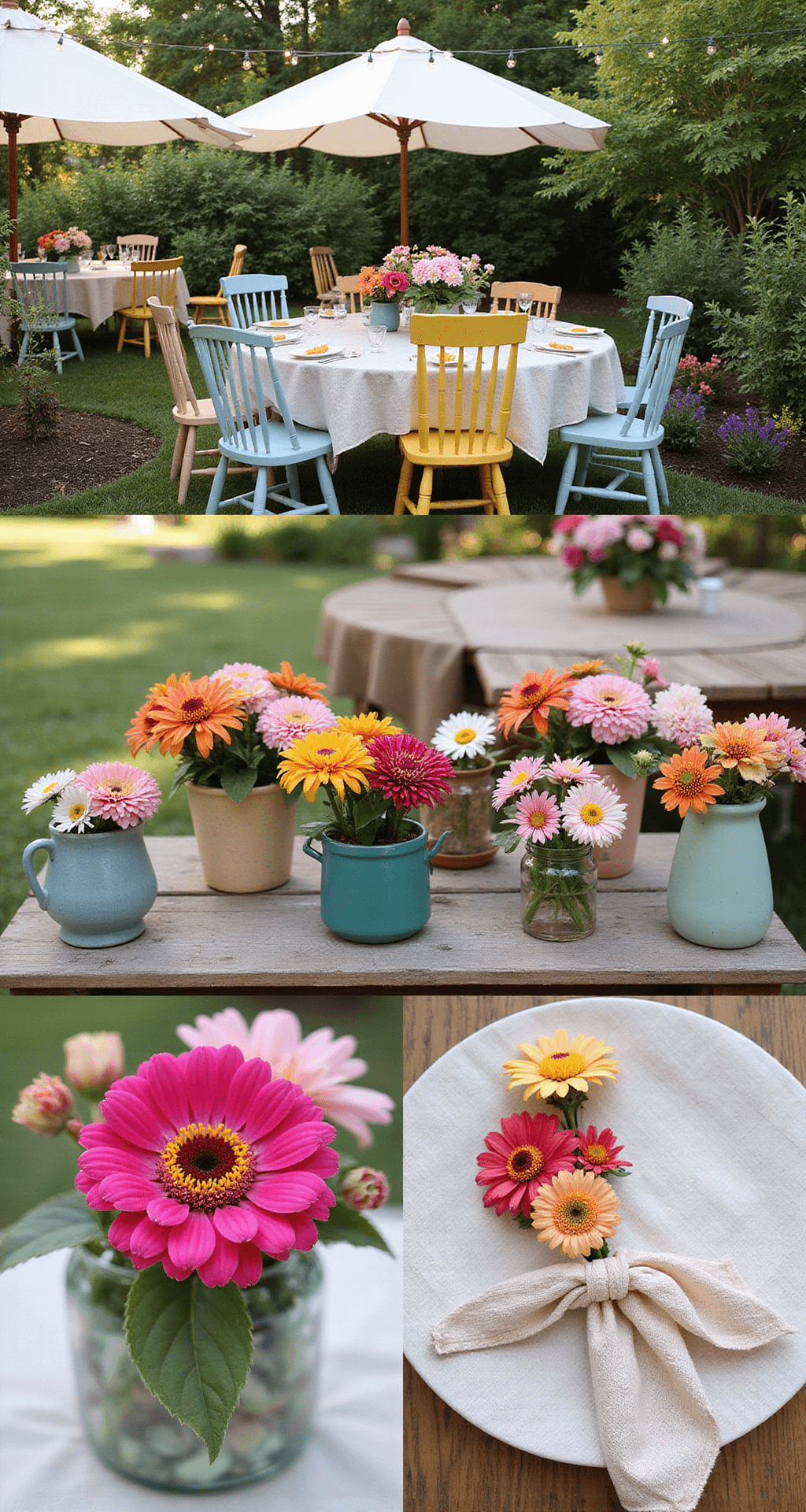 Creating Your Dream Summer Wedding Flower Intimate garden party with colorful zinnias in vintage pottery, afternoon light filtering through market umbrellas, round tables dressed in textured linen, pastel mismatched chairs, string lights overhead, lush potted plants, and hand-tied napkins featuring fresh zinnia blooms.