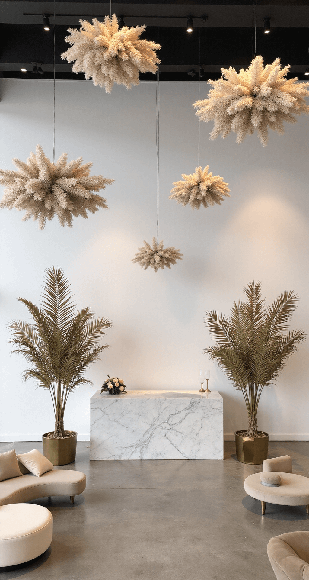 Creating Your Dream Summer Wedding Flower A modern minimalist celebration in a white-walled venue featuring suspended dried flower installations in neutral tones, cream and taupe furnishings, brass geometric accents, and dramatic lighting highlighting a marble bar with palm installations.