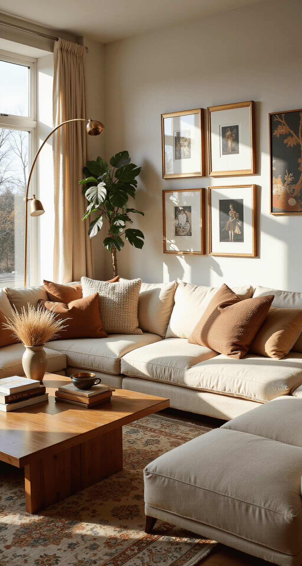 How to Create a Cozy Living Room That Actually Gets Used A contemporary living room bathed in golden hour light, featuring a cream L-shaped sofa with earthy throw pillows, a vintage Persian rug, a solid wood coffee table with art books and pampas grass, a brass floor lamp, and a gallery wall of family photos, with a fiddle leaf fig plant in the corner.