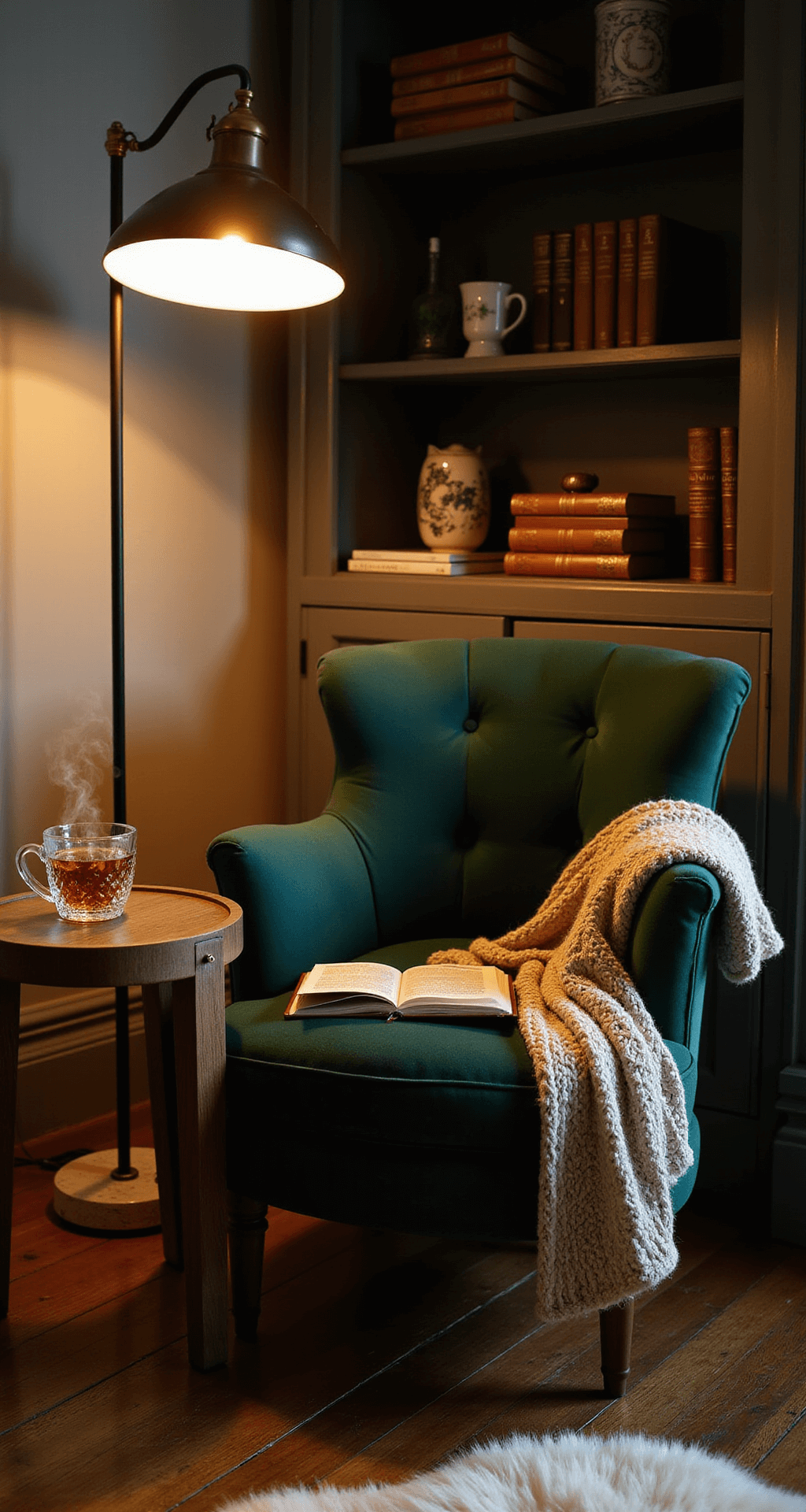 How to Create a Cozy Living Room That Actually Gets Used A cozy reading nook featuring a deep green velvet armchair draped with a chunky oatmeal knit throw, illuminated by a warm floor lamp. A built-in bookshelf filled with leather-bound books and personal mementos serves as the backdrop, while a crystal table lamp gently lights a side table with a steaming cup of tea and a well-worn novel, all atop a textured sheepskin rug.
