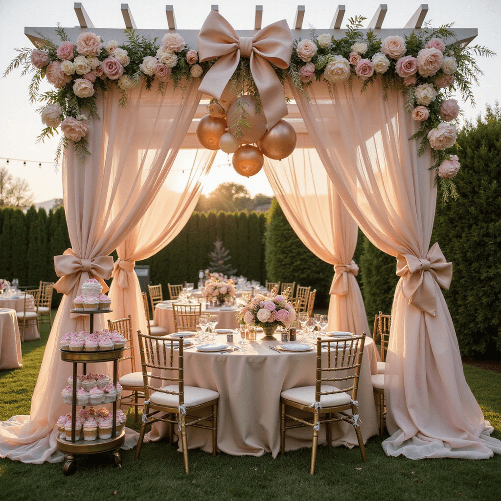 Bow Birthday Party Ideas: The Ultimate Guide to a Perfectly Adorned Celebration A whimsical garden party scene at golden hour with a white pergola draped in blush fabric, adorned with pastel balloons and silk bows, surrounded by elegantly set tables with peony and rose centerpieces, gilt chairs, and twinkling fairy lights, featuring a dessert cart filled with bow-topped cupcakes and a fondant-wrapped tiered cake.