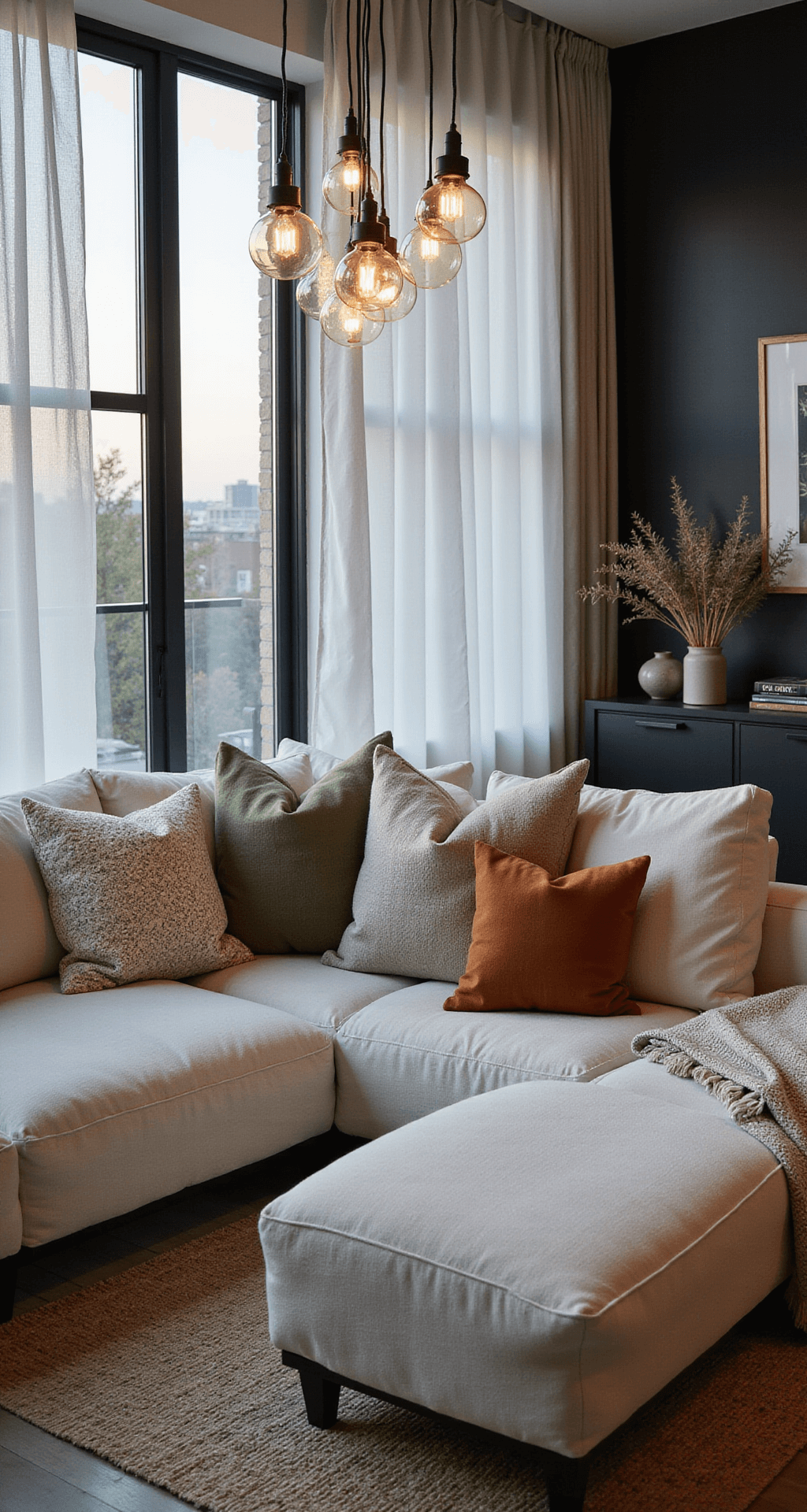 How to Create a Cozy Living Room That Actually Gets Used Cinematic wide shot of a stylish open-concept living space at dusk, featuring a large white linen sectional with textured throw pillows in sage, cream, and rust, modern black metal windows with sheer white curtains, clustered pendant lights above, and a minimalist black entertainment unit with curated decor and family photographs.