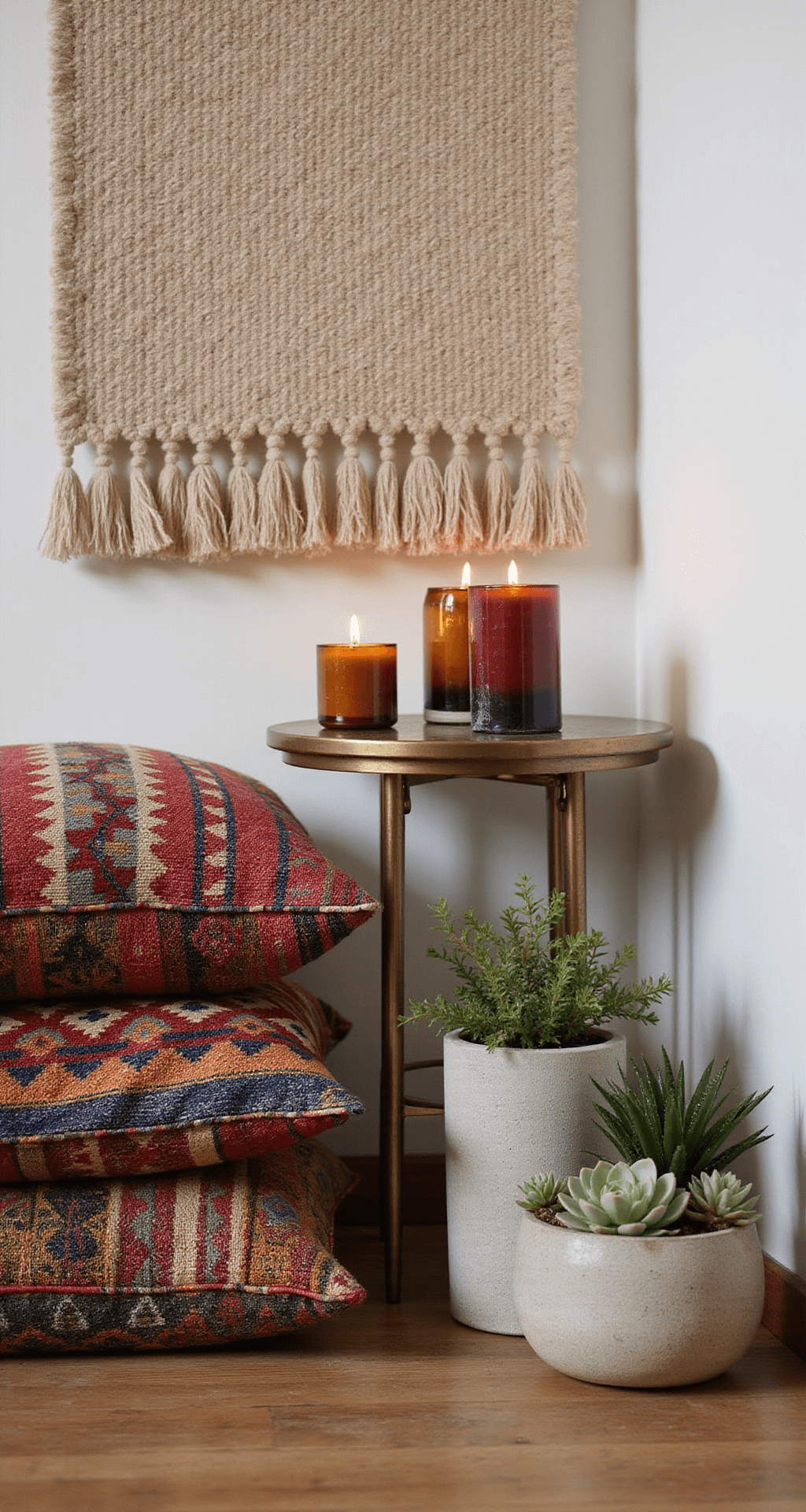How to Create a Cozy Living Room That Actually Gets Used A cozy corner featuring vintage kilim floor cushions in rich jewel tones, stacked beside a low-profile leather lounger. A handwoven wall hanging in neutral fibers serves as a backdrop, while a Moroccan brass side table holds flickering candles in colored glass holders. Potted succulents and air plants in varying concrete planters add vibrancy to the scene.