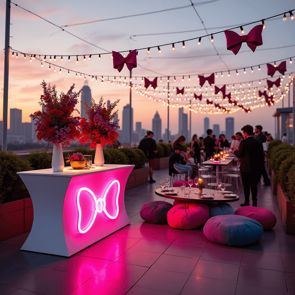 Bow Birthday Party Ideas: The Ultimate Guide to a Perfectly Adorned Celebration A stylish rooftop soirée at sunset featuring sleek white high-top tables with bold primary color bow arrangements, a neon bow sign over a statement bar, guests mingling around lucite chairs with bow-shaped pillows, and a magical atmosphere with string lights and suspended bow sculptures.