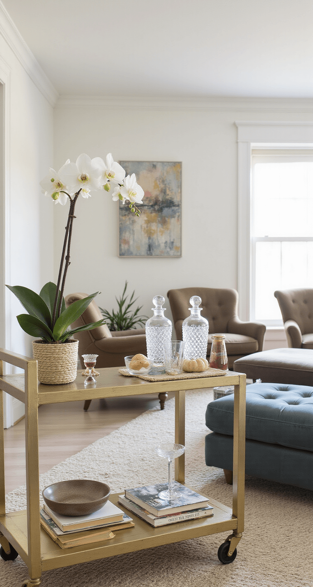 How to Create a Cozy Living Room That Actually Gets Used A stylish living room bar cart featuring a gold frame, crystal decanters, vintage glassware, and botanical cocktail ingredients, accented by a tall white orchid. Coffee table books are arranged for an elevated display, with a cozy conversation area of paired swivel chairs in performance velvet and an abstract art piece in complementary colors hanging above.