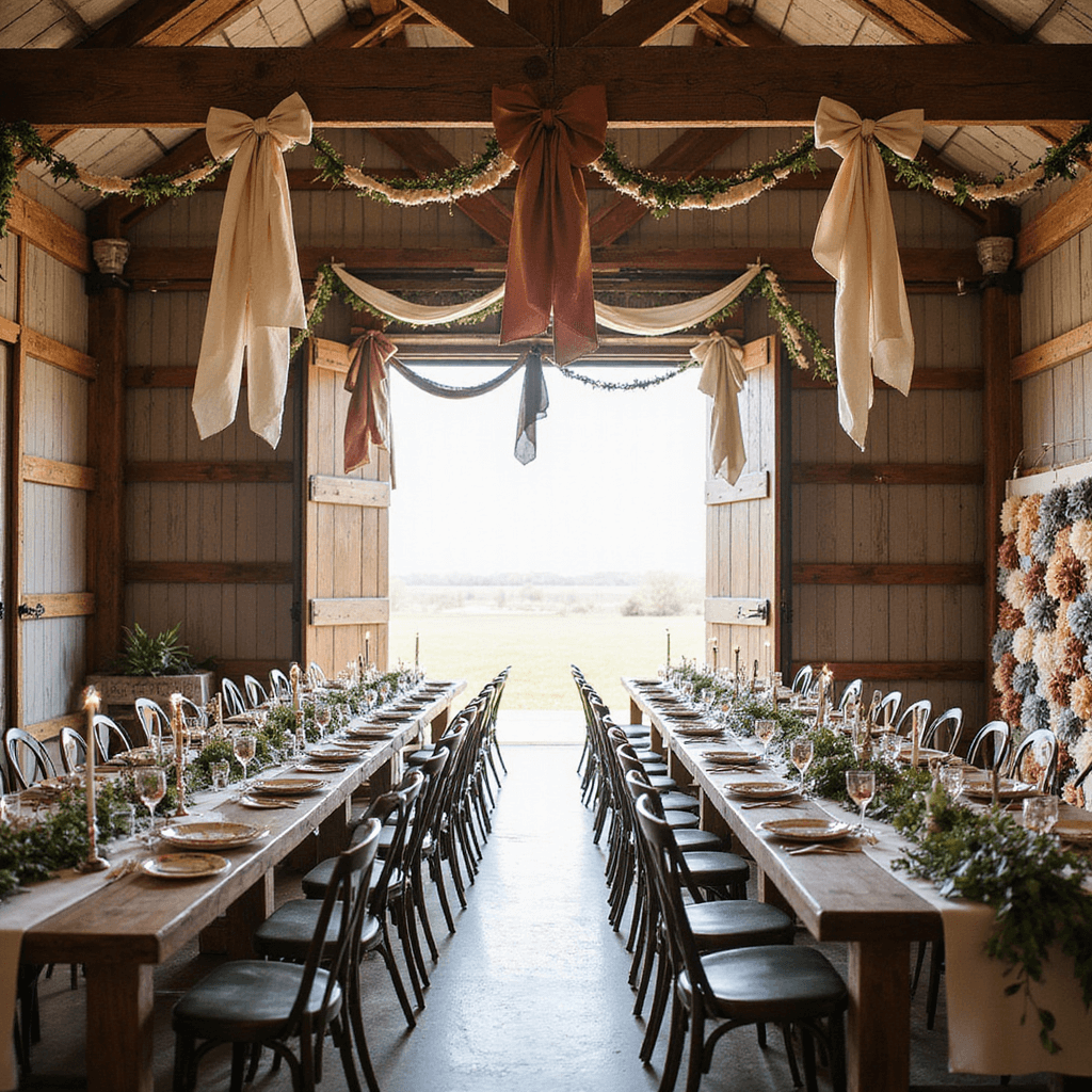 Bow Birthday Party Ideas: The Ultimate Guide to a Perfectly Adorned Celebration A rustic barn celebration bathed in soft morning light, featuring long farmhouse tables with mismatched vintage chairs, floral china, and copper flatware. Eucalyptus and wildflower garlands adorn the tables, while oversized fabric bows hang from wooden beams. A bow-themed photo booth showcases a backdrop of reclaimed wood planks adorned with fabric bows in terracotta, sage, and cream.