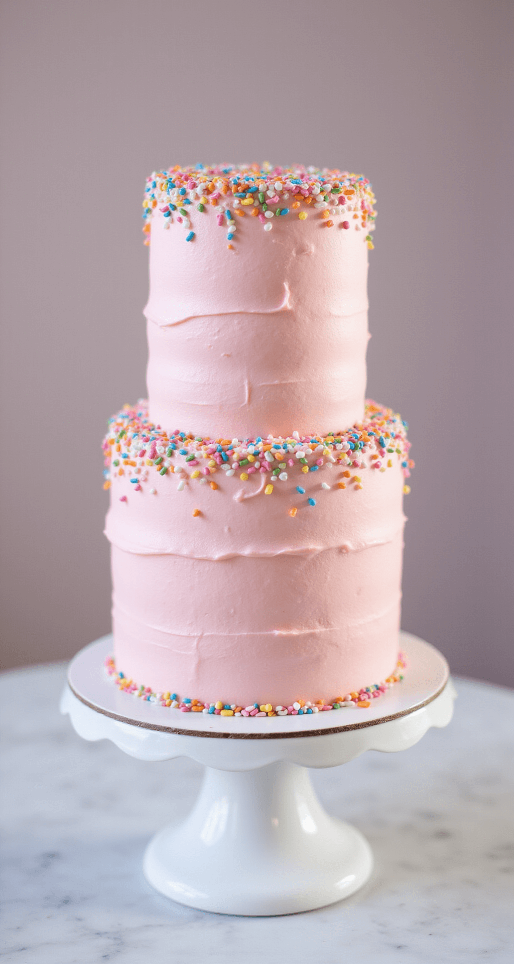 PINK BIRTHDAY CAKE: SPRINKLE-LOADED CELEBRATION DELIGHT A three-layer pink birthday cake on a white ceramic stand, decorated with smooth buttercream frosting and rainbow sprinkles, showcased against a soft-focus background.