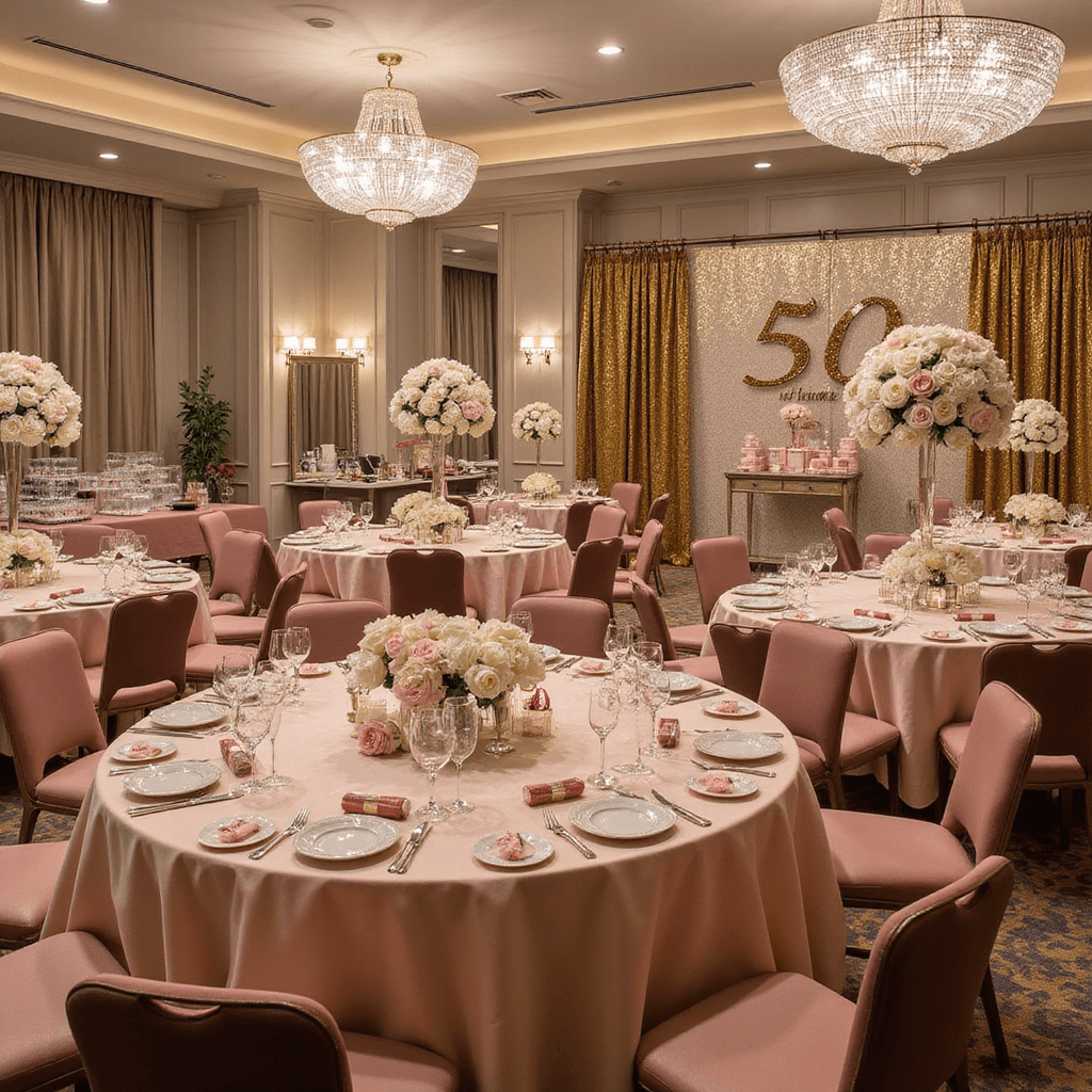 50 Unforgettable 50th Birthday Party Ideas for Women: Celebrating Half a Century in Style A lavish 'Fifty and Fabulous' celebration in an elegant ballroom with blush pink silk tables, towering floral centerpieces, a professional makeup station, champagne being served, a glamorous photo backdrop, and luxurious party favors at each place setting.