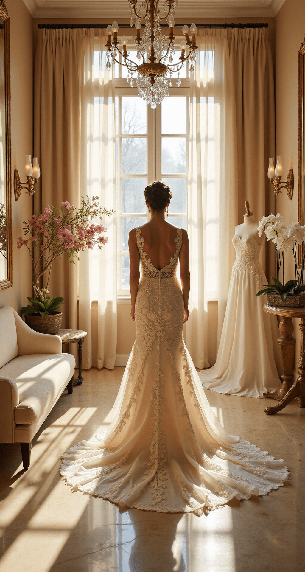 Blooming in Beauty: The Ultimate Guide to Floral Wedding Dresses A sunlit bridal boutique features a bride in a 3D floral appliqué gown standing before floor-to-ceiling mirrors, with champagne-colored walls, crystal sconces, plush ivory seating, and cascading orchids. Antique brass dress forms display other gowns, while marble floors reflect warm light filtered by sheer white curtains.
