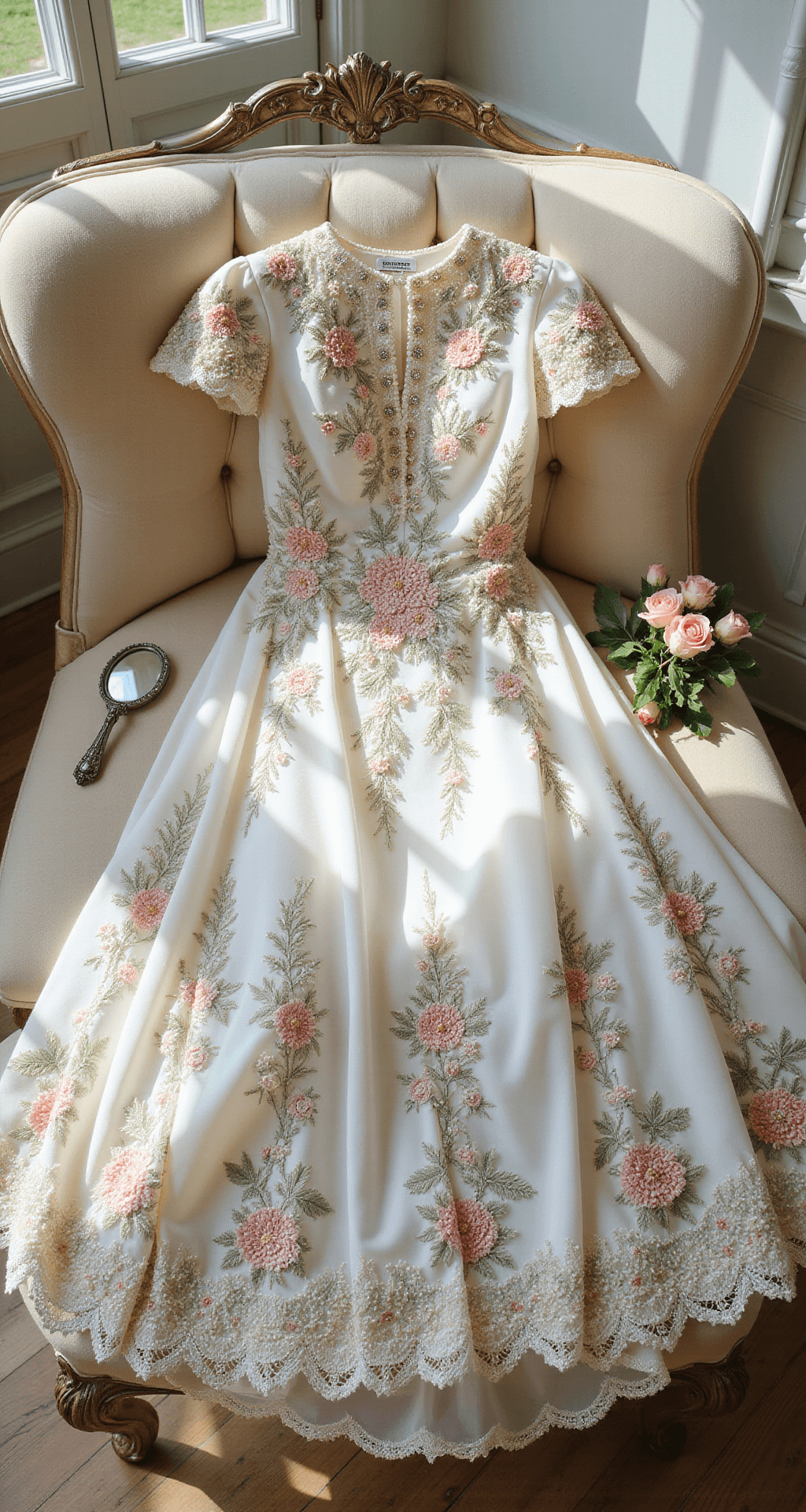 Blooming in Beauty: The Ultimate Guide to Floral Wedding Dresses Overhead view of an embroidered floral wedding dress on a cream velvet chaise, featuring pink and ivory flowers with sage green leaves, highlighted by natural light. The gown showcases pearl beading, antique lace trim, and crystal buttons, accompanied by a vintage hand mirror and fresh garden roses.