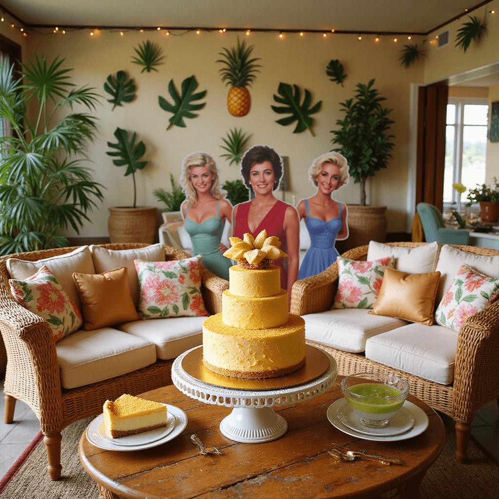 50 Unforgettable 50th Birthday Party Ideas for Women: Celebrating Half a Century in Style A vibrant 'Golden Girls Tribute Party' in a sun-drenched Florida-inspired living room featuring wicker furniture, tropical cushions, palm leaf decor, fairy lights, a dessert table with cheesecakes, colorful cocktails, and life-sized cardboard cutouts of the Golden Girls characters.