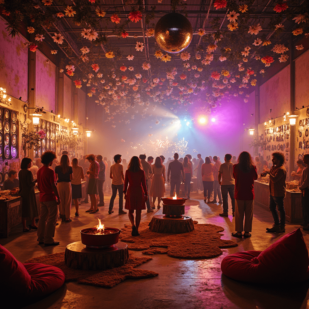 50 Unforgettable 50th Birthday Party Ideas for Women: Celebrating Half a Century in Style A vibrant 'Retro 70s Throwback' party in a colorful warehouse, featuring a disco ball, flower power decorations, guests in bell-bottoms, a DJ booth with vinyl records, and cozy seating areas with beanbag chairs and shag rugs.