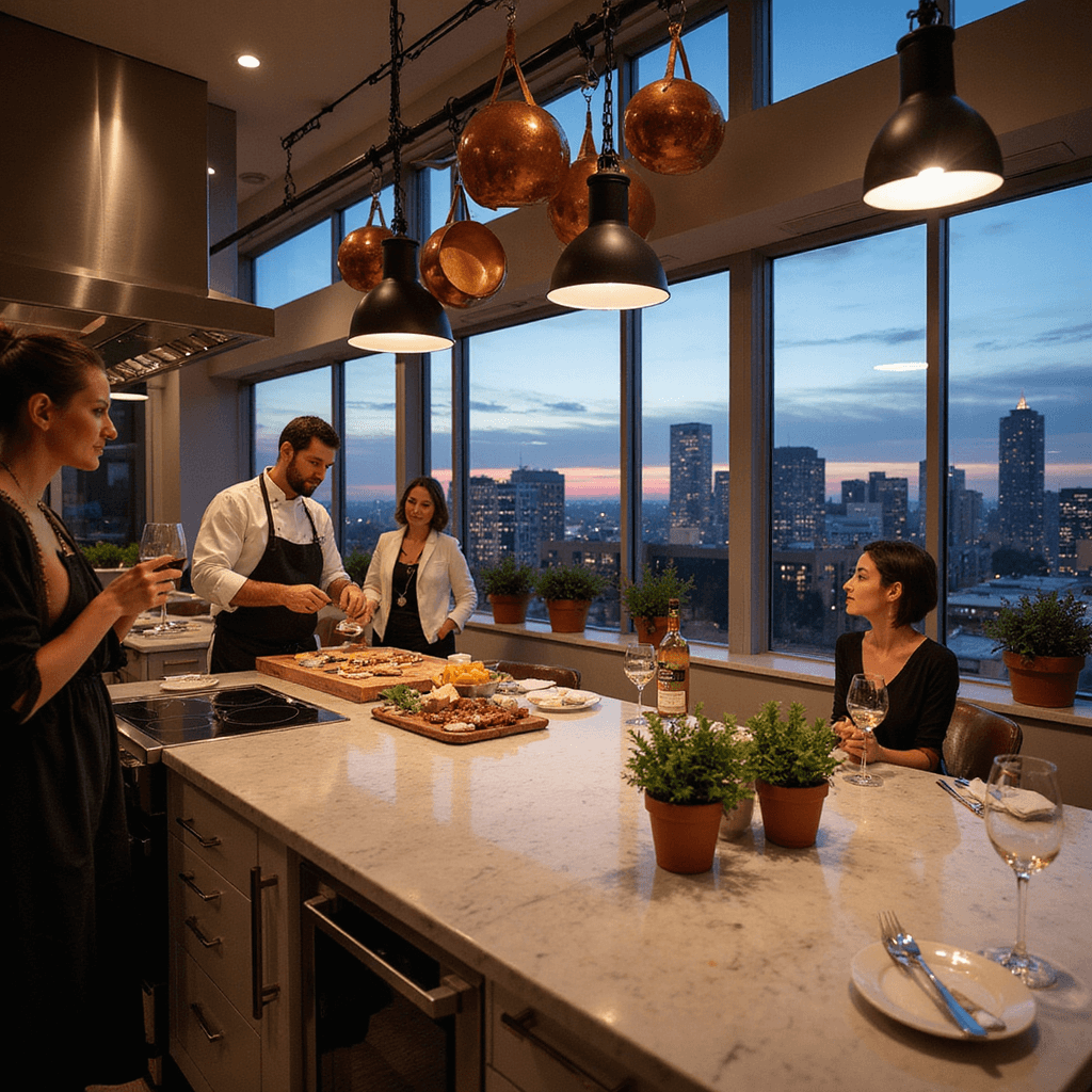 50 Unforgettable 50th Birthday Party Ideas for Women: Celebrating Half a Century in Style An elegant culinary celebration in a modern kitchen with a city skyline view at dusk, featuring a private chef demonstrating gourmet techniques to guests in cocktail attire, a charcuterie board, soft pendant lighting, and a beautifully set dining table.
