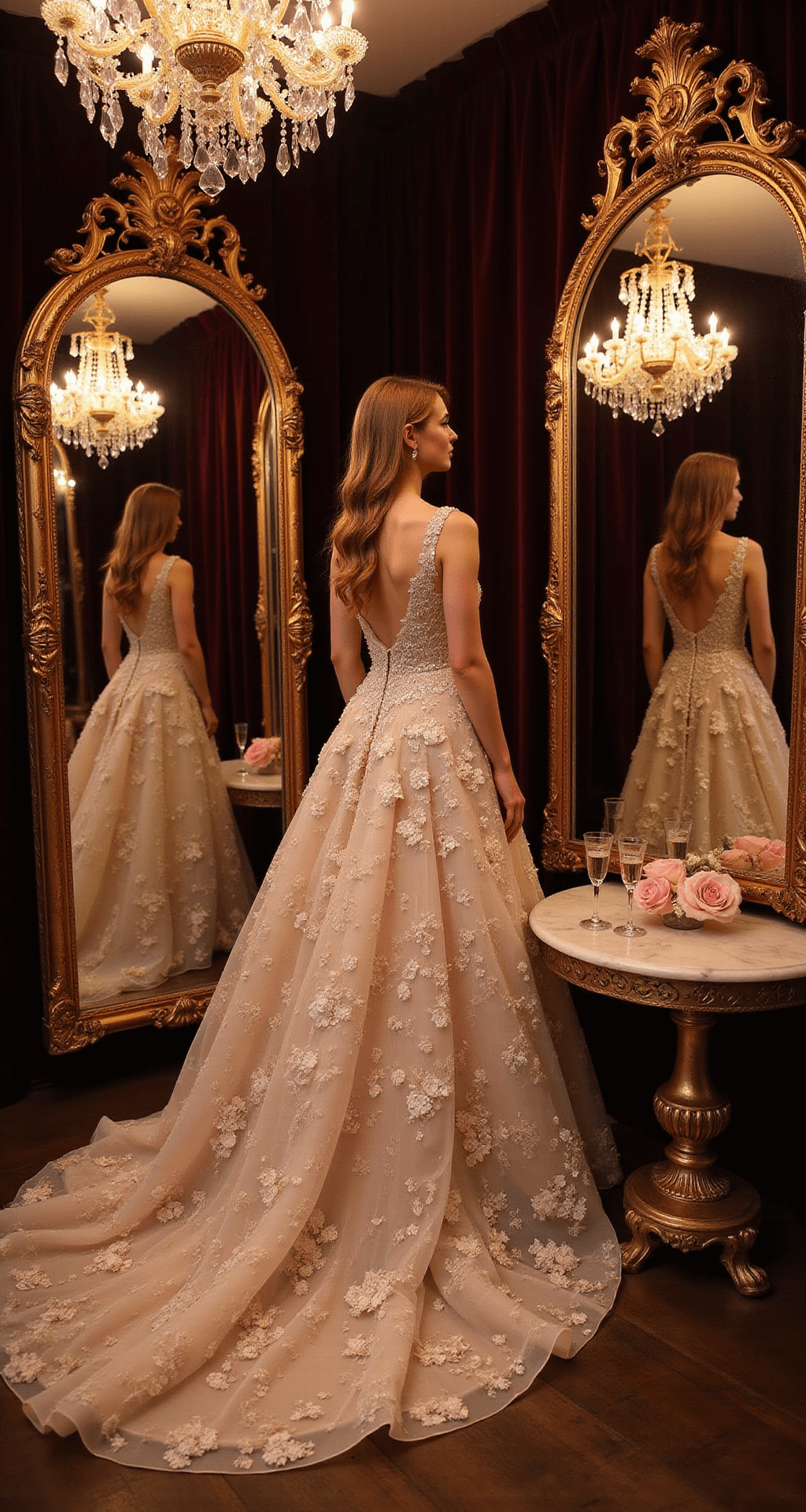 Blooming in Beauty: The Ultimate Guide to Floral Wedding Dresses Bride trying on a luxury 3D floral gown in a warm boutique adorned with candlelight, crystal chandeliers, and dark velvet curtains; the scene features gilded mirrors, champagne flutes, and blush roses on a marble side table.