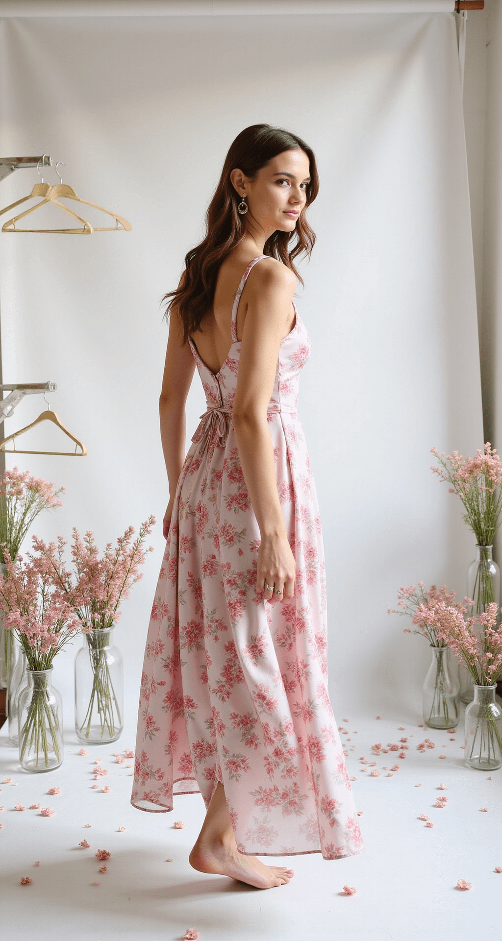 Blooming in Beauty: The Ultimate Guide to Floral Wedding Dresses A budget-friendly floral gown in motion against a white backdrop, lit with high-key lighting that highlights its watercolor-style pattern, surrounded by fresh flowers and glass vases reflecting morning light.