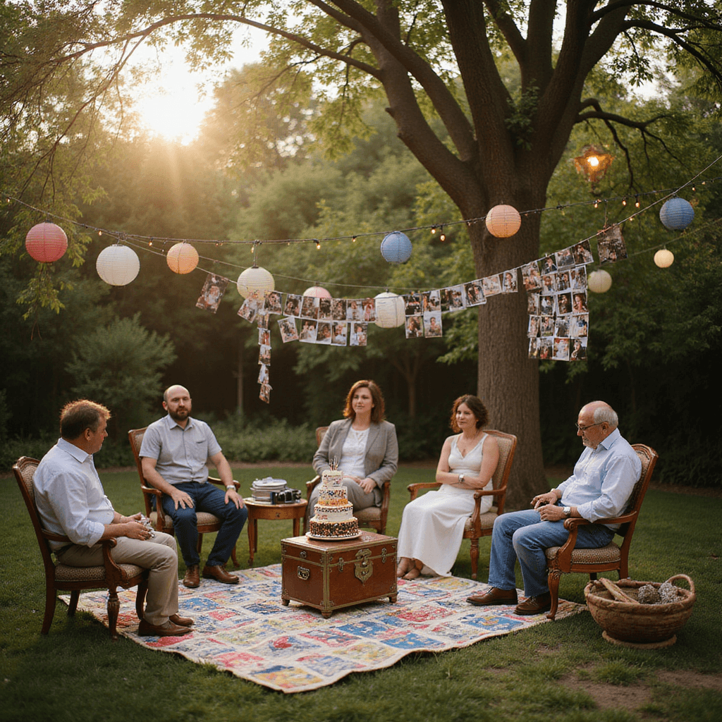 50 Unforgettable 50th Birthday Party Ideas for Women: Celebrating Half a Century in Style A whimsical backyard gathering at golden hour, featuring fairy lights and paper lanterns, mismatched vintage chairs, a low table with a patchwork quilt, and an ornate wooden time capsule. Guests engage with Polaroid cameras and colorful message papers, while a clothesline displays nostalgic photos. A tiered birthday cake adorned with edible images sits on an antique stand, encapsulating warmth and shared memories.