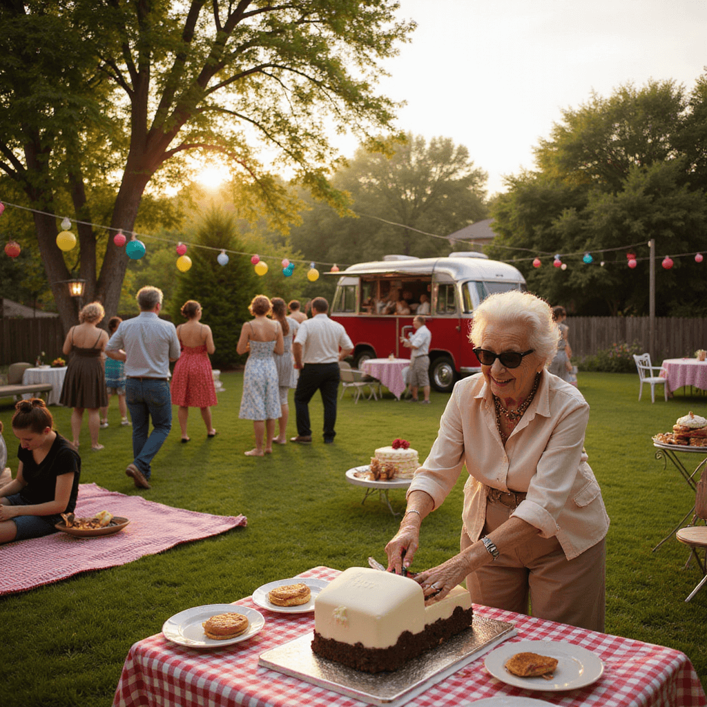 Celebrating 90 Years: The Ultimate Guide to an Unforgettable Birthday Bash A vibrant 1950s-themed garden party for a 90th birthday celebration featuring checkered picnic blankets, vintage lawn chairs, and colorful balloons, with a chrome food truck serving milkshakes and burgers. Guests dressed in poodle skirts and rolled-up jeans dance beside a retro jukebox, while string lights illuminate the scene as a smiling nonagenarian in cat-eye glasses cuts a classic car-shaped cake.