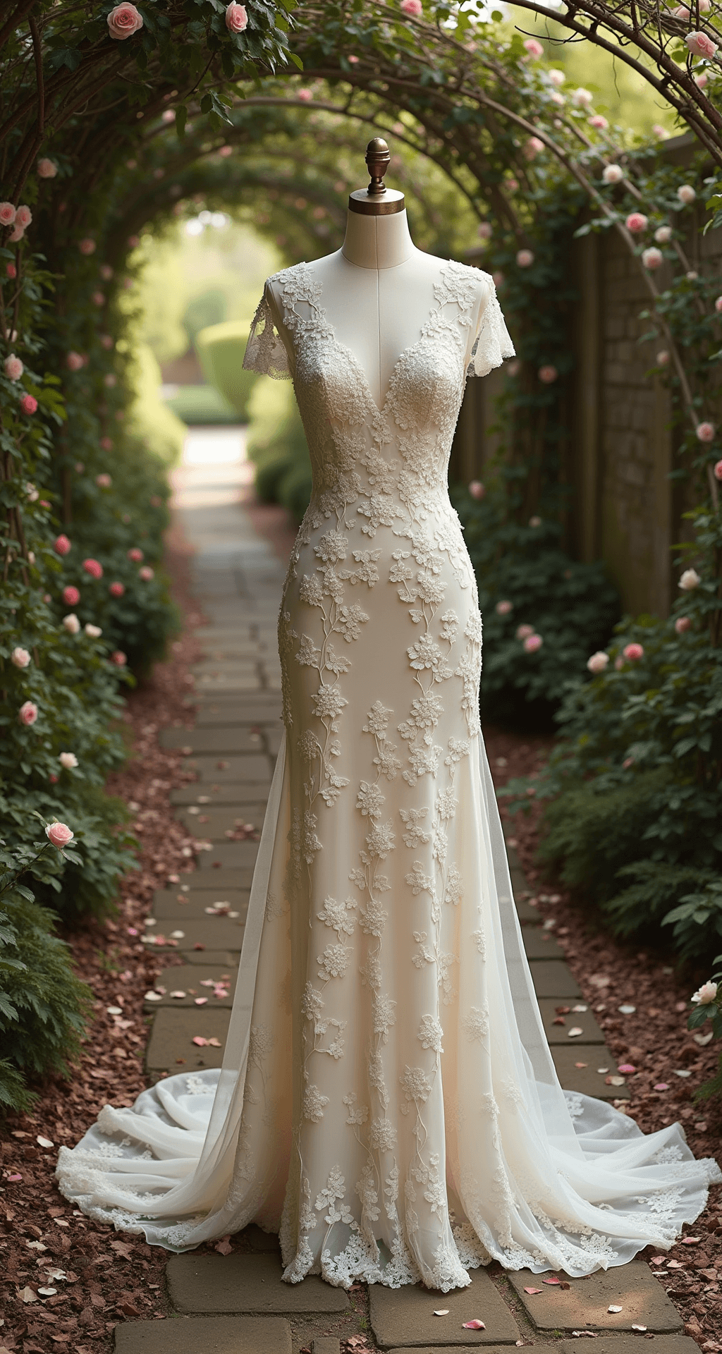 Blooming in Beauty: The Ultimate Guide to Floral Wedding Dresses A romantic garden scene with soft afternoon light illuminating a vintage-inspired floral gown on an antique brass dress form, surrounded by climbing vines and scattered petals. Weathered stone pathways and moss-covered walls enhance the setting, complemented by Victorian-style furniture pieces.