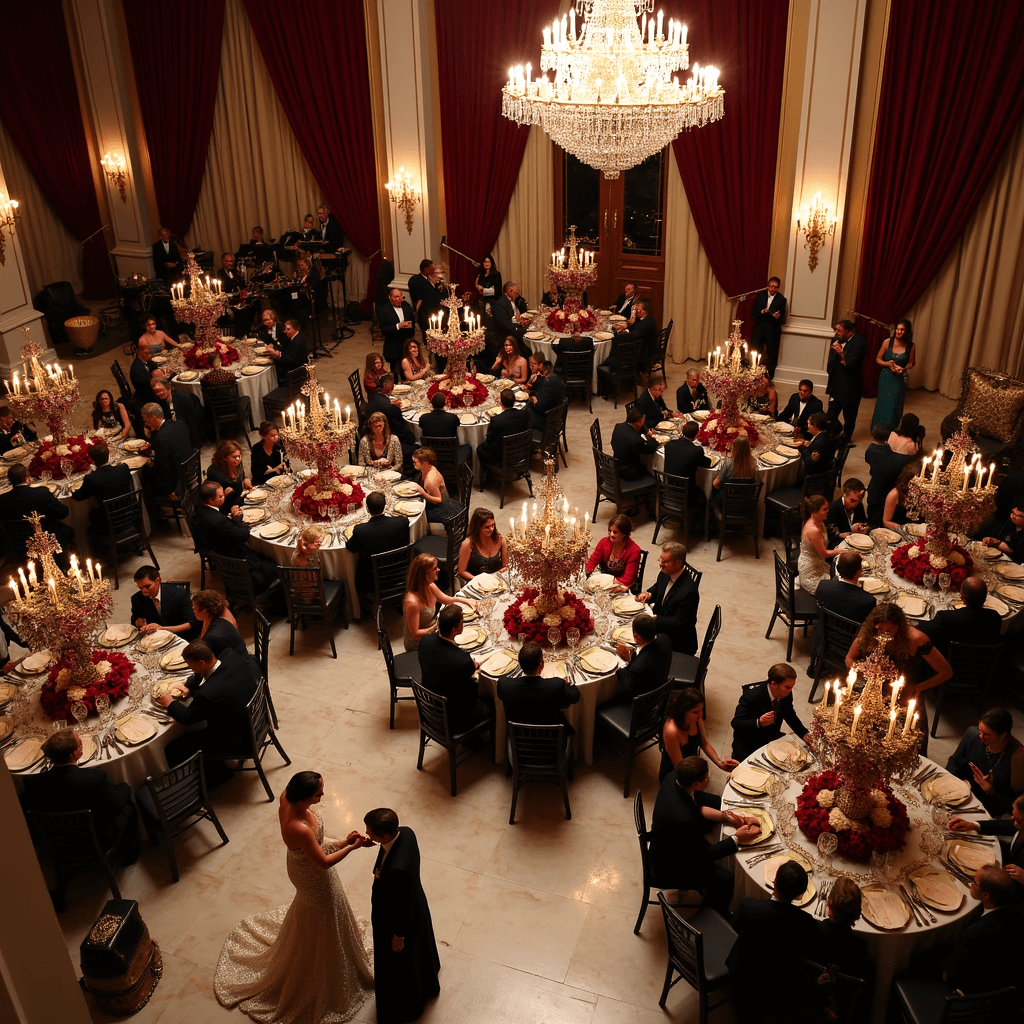 Celebrating 90 Years: The Ultimate Guide to an Unforgettable Birthday Bash An opulent masquerade ball for a 90th birthday, featuring a grand ballroom with ornate chandeliers, marble floors, and draped burgundy velvet windows. Guests in elegant attire and masks mingle by a champagne tower, with round tables set with gold chargers and jewel-toned floral centerpieces. A string quartet performs while the guest of honor, in a beaded gown and feathered mask, greets well-wishers near a gilded throne.