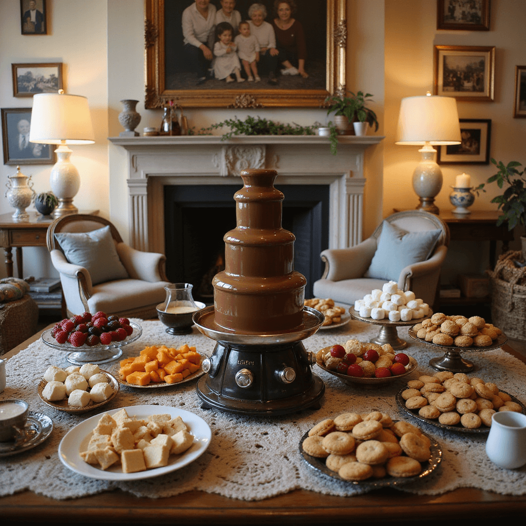 Celebrating 90 Years: The Ultimate Guide to an Unforgettable Birthday Bash A cozy living room set for a 90th birthday celebration, featuring a lavish sweets table with a tiered chocolate fountain, platters of fruit and cookies, antique cake stands with petit fours and macarons, and a hot cocoa bar with vintage mugs. Soft lighting from lanterns and a crackling fireplace enhance the warm ambiance.