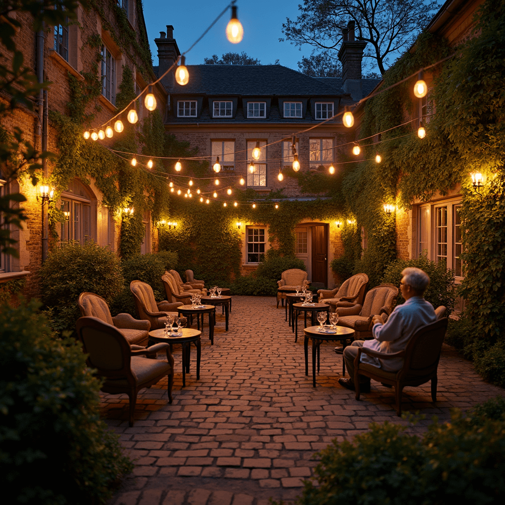 Celebrating 90 Years: The Ultimate Guide to an Unforgettable Birthday Bash A twilight courtyard set up for a 90th birthday celebration, featuring fairy lights, paper lanterns, vintage armchairs, low tables with record players, and a jazz trio on stage, with projected black and white photos creating a nostalgic atmosphere. Guests enjoy drinks from cut-crystal glasses while reminiscing.