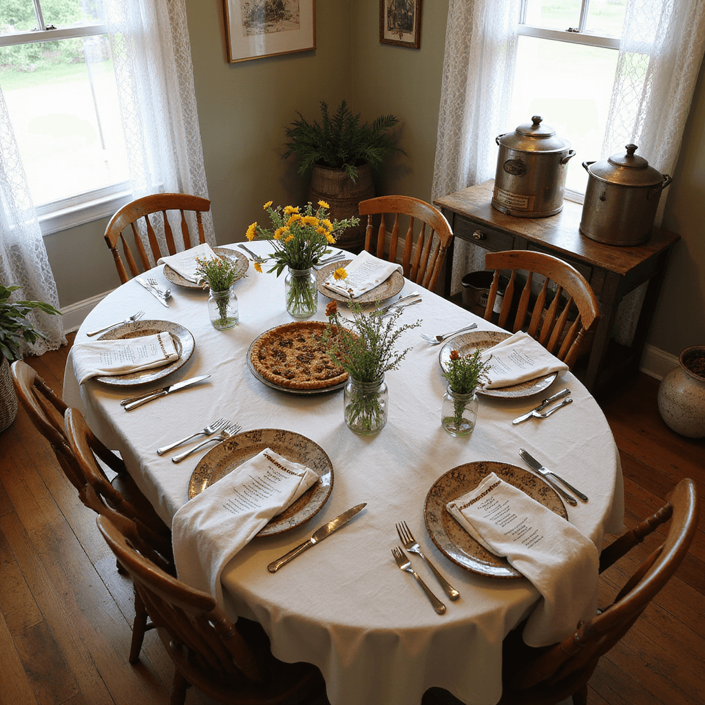 Celebrating 90 Years: The Ultimate Guide to an Unforgettable Birthday Bash A beautifully set farmhouse table for a 90th birthday comfort food feast, featuring crisp white linens, hand-thrown pottery plates, and mason jar centerpieces filled with wildflowers. A rustic pie stand displays golden pecan pies, with a nearby cart holding steaming urns of cider and coffee, all softly illuminated by natural light through lace curtains.