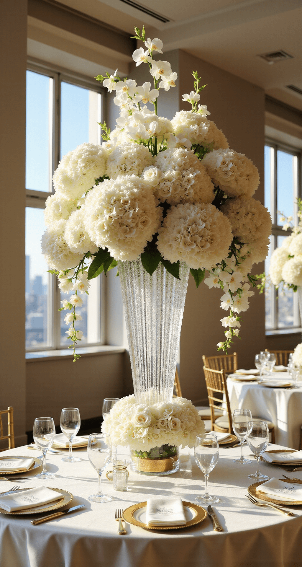 White Wedding Centerpieces: A Complete to Timeless Elegance A luxurious hotel ballroom bathed in soft afternoon light, showcasing towering white floral centerpieces on ivory silk-draped round tables, along with gold-rimmed place settings and champagne glasses, all captured in a sweeping wide angle.
