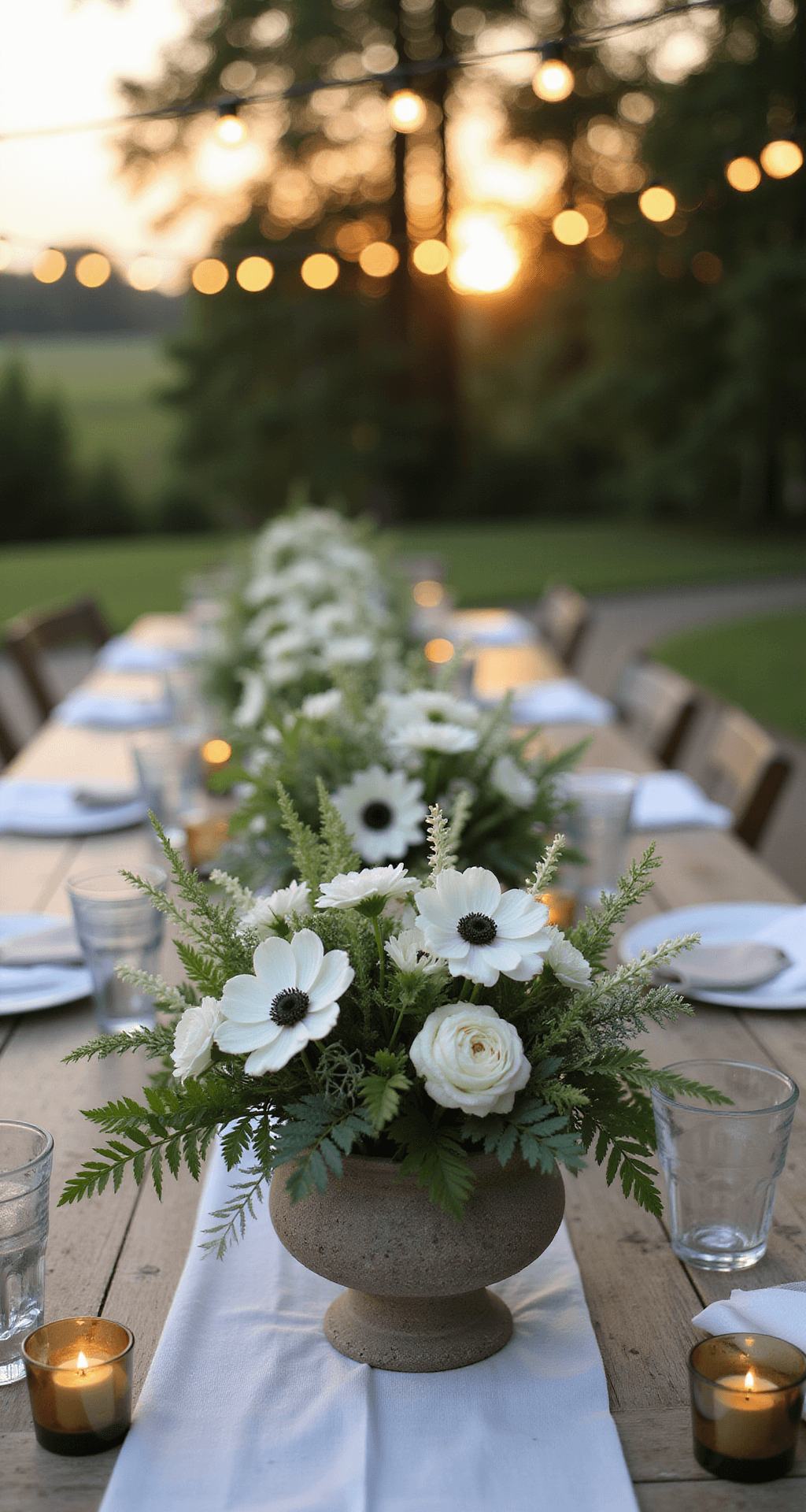 White Wedding Centerpieces: A Complete to Timeless Elegance Intimate garden ceremony at golden hour featuring low centerpieces of white anemones and ranunculus in weathered stone vessels, vintage wooden farm tables with gauzy runners and mercury glass votives, and soft bokeh from overhead string lights.
