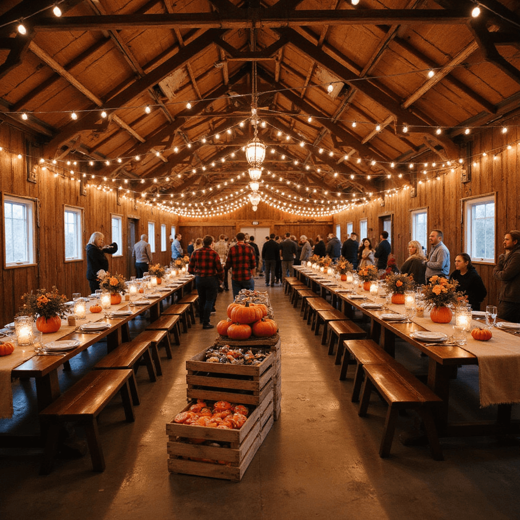 Unforgettable Fall Birthday Party: Your Ultimate Celebration Guide Rustic barn interior decorated for a fall birthday party, featuring string lights, farmhouse tables with burlap runners and mini pumpkins, a DIY pumpkin painting station, and guests in flannel shirts, all in warm autumn colors.