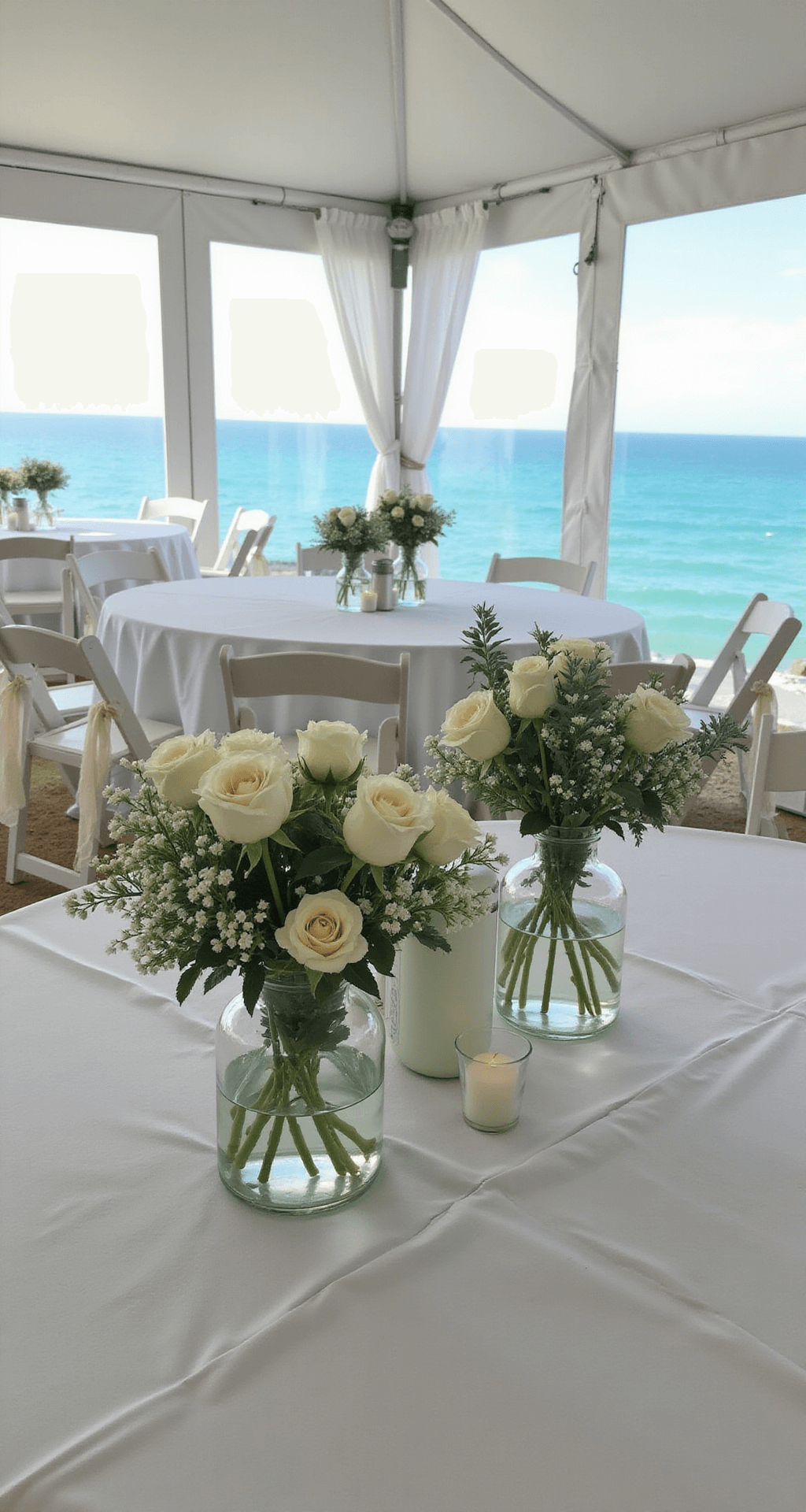 White Wedding Centerpieces: A Complete to Timeless Elegance A breezy seaside tent reception with vintage milk glass arrangements of white roses, baby's breath, and silver dollar eucalyptus, featuring clear tent panels revealing a cerulean ocean, white wooden chairs with gauzy ties, and natural light creating soft shadows.