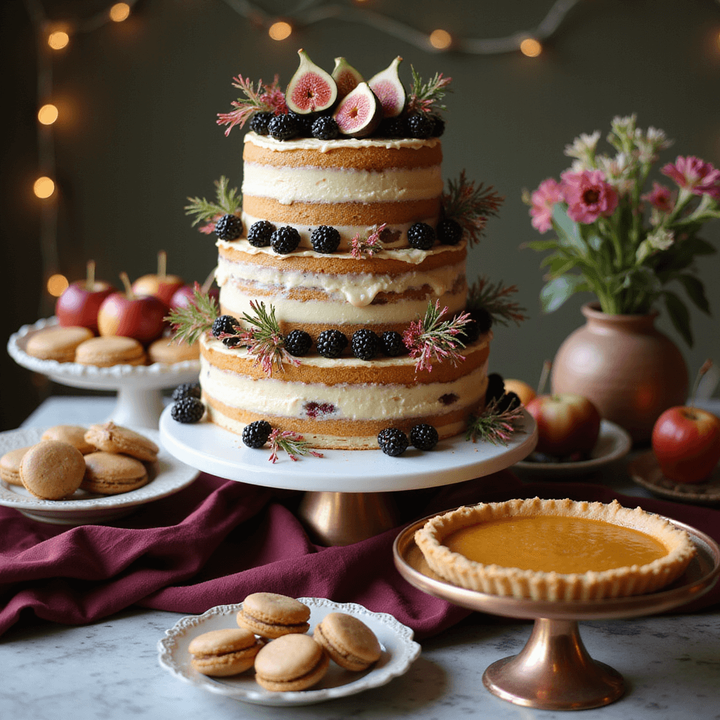 Unforgettable Fall Birthday Party: Your Ultimate Celebration Guide Close-up of an elegantly styled dessert table featuring a tiered naked cake with fresh figs and blackberries, surrounded by mini pies, caramel apples, and pumpkin-spiced macarons, set against a marble countertop with copper accents and deep burgundy linens, illuminated by soft focus fairy lights.