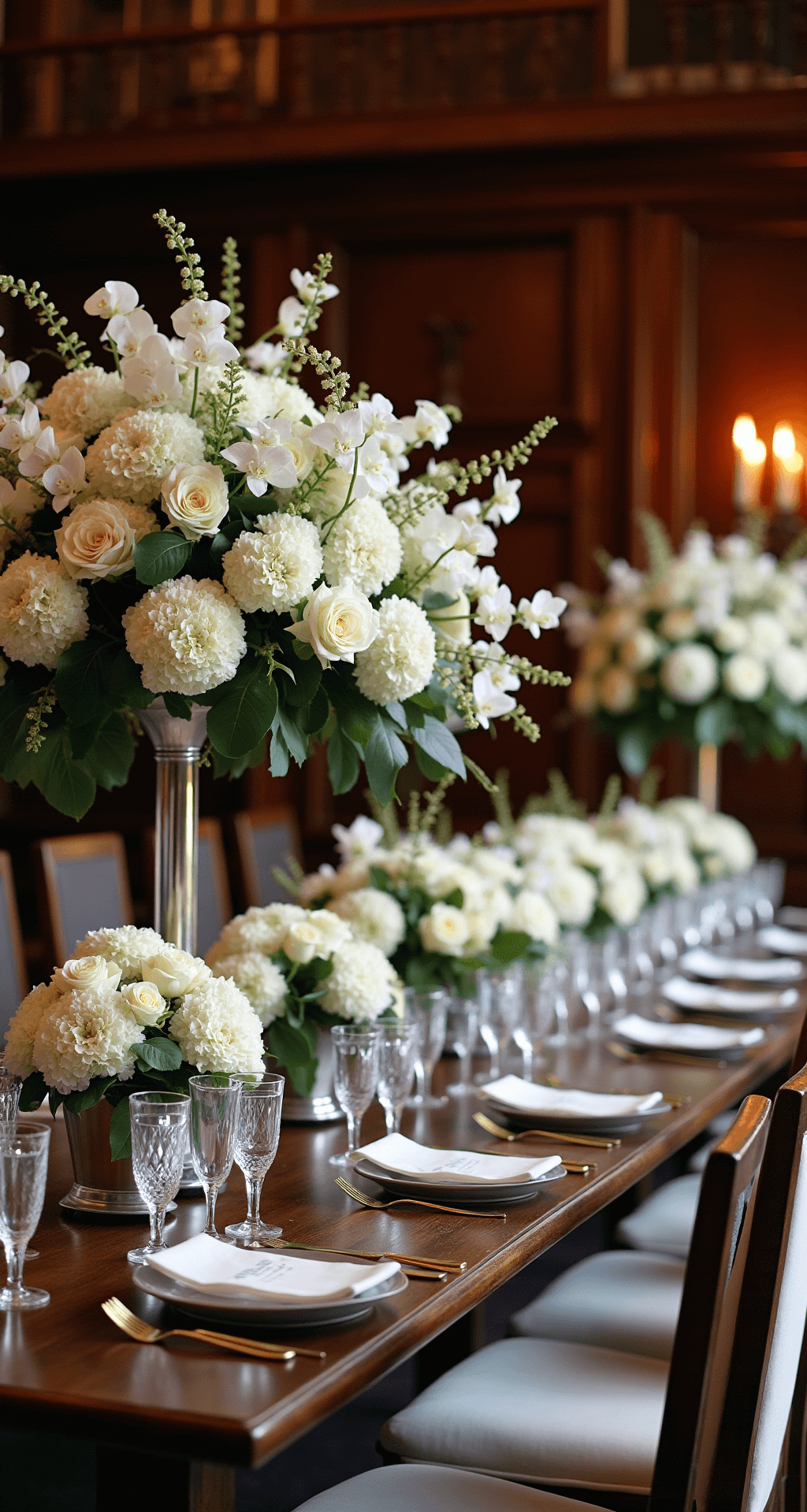 White Wedding Centerpieces: A Complete to Timeless Elegance A luxurious winter wedding setup in a historic mansion library, featuring dramatic all-white floral arrangements in silver compotes, deep mahogany tables, crystal candelabras, and white velvet chairs, all illuminated by warm candlelight reflecting off dark wood paneling.