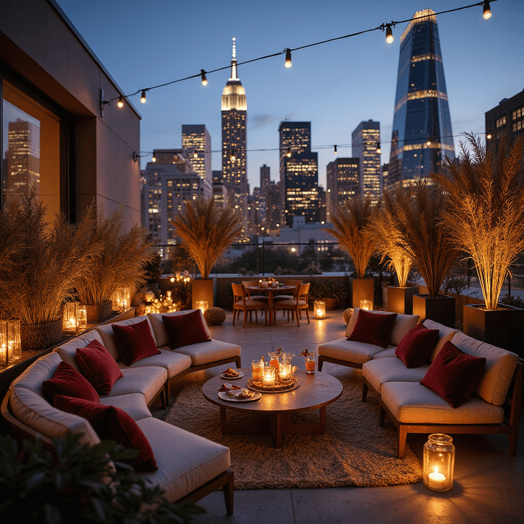 Unforgettable Fall Birthday Party: Your Ultimate Celebration Guide Chic rooftop terrace dressed for a fall birthday cocktail party at twilight, featuring jewel-toned lounge furniture, a sleek bar with autumn cocktails, decorative grasses, oversized lanterns, and a twinkling city skyline.