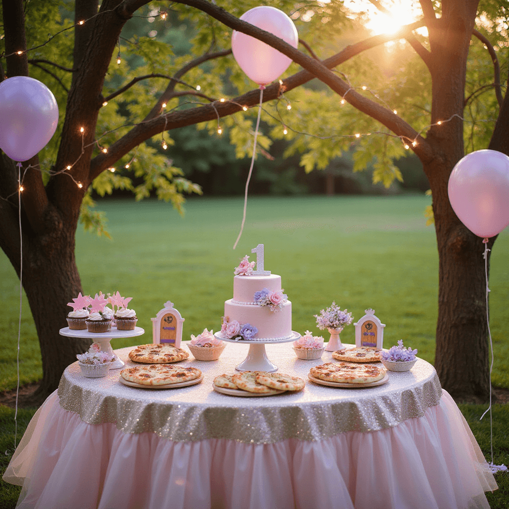 Enchanting Fairy First Birthday Party: A Magical Celebration Guide A whimsical fairy-themed first birthday party in a sunlit garden, featuring twinkling lights, a pastel pink tiered cake, star-shaped pizzas, glittery cupcakes, soft pink and lavender balloons, and decorative paper flowers. The scene is captured from a low angle during golden hour, emphasizing the magical atmosphere.