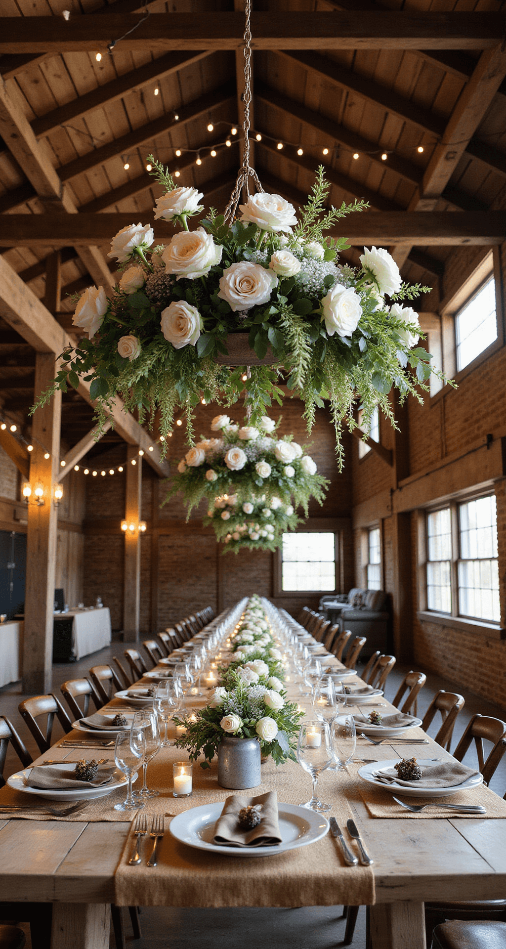 White Wedding Centerpieces: A Complete to Timeless Elegance A rustic barn reception featuring an enchanted ceiling adorned with suspended floral installations of white garden roses, spray roses, and eucalyptus. Farm tables are set with low arrangements in weathered metal vessels, burlap runners, and taper candles. Ambient lighting is created by fairy lights and vintage chandeliers in a wide cinematic shot that showcases the vertical drama of the space.