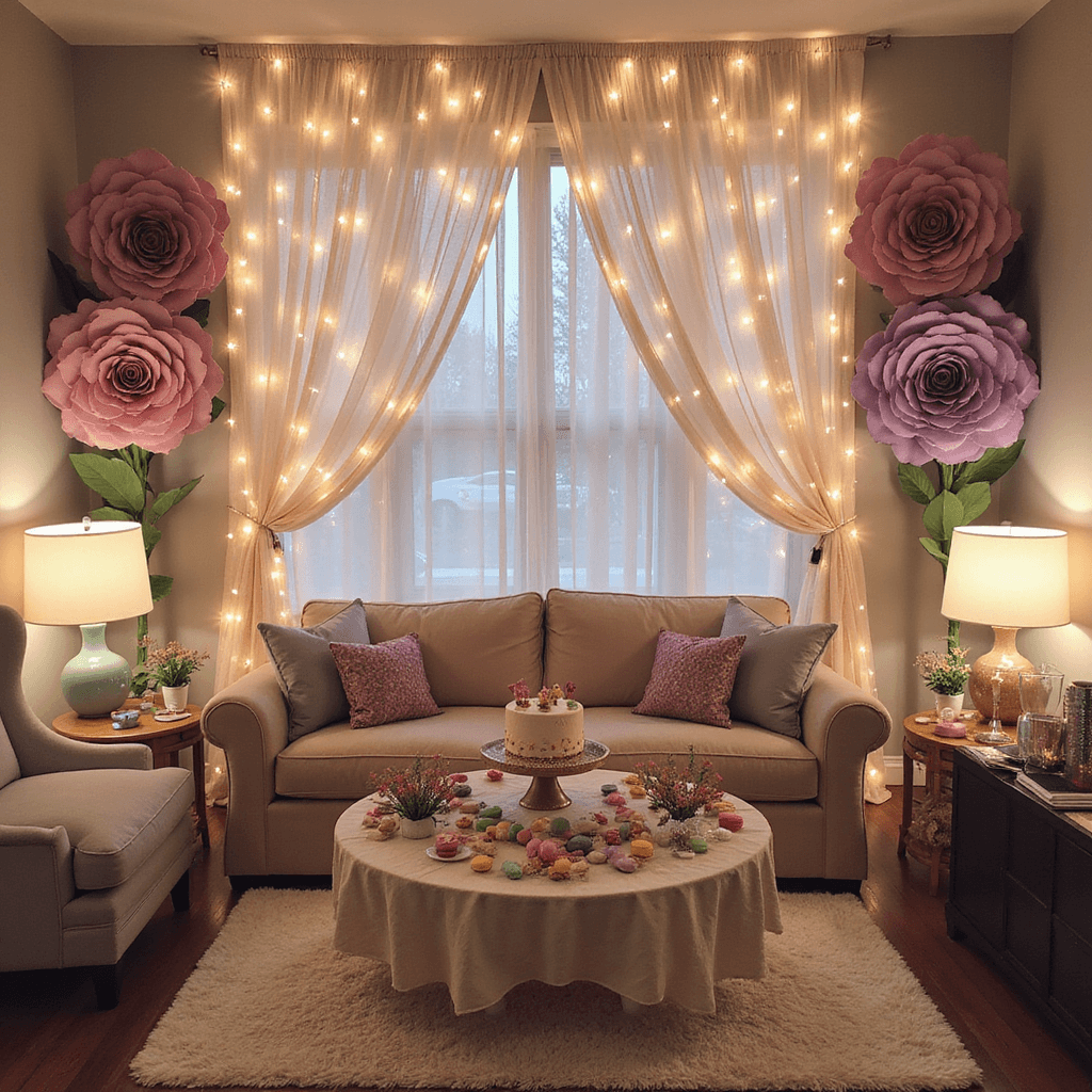 Enchanting Fairy First Birthday Party: A Magical Celebration Guide A cozy living room transformed into a fairy wonderland for a first birthday, featuring gossamer curtains with twinkling lights, a low table with pastel macarons and a glittery cake topper, oversized paper flowers on the walls, and a pixie punch station with iridescent glasses, all illuminated by soft lamp lighting and scattered candles.