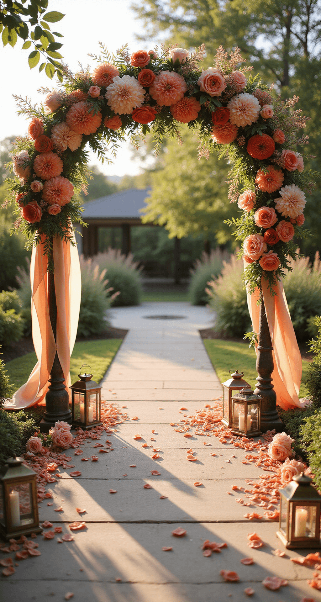 How to Create Stunning Pink and Orange Wedding Flower Arrangements: A Complete A picturesque garden wedding ceremony setup at golden hour, featuring an ornate arch adorned with coral charm peonies, sunset-hued dahlias, and blush and peach garden roses, along with silk chiffon ribbons, vintage brass lanterns filled with ranunculus and spray roses, and a natural stone pathway scattered with rose petals.