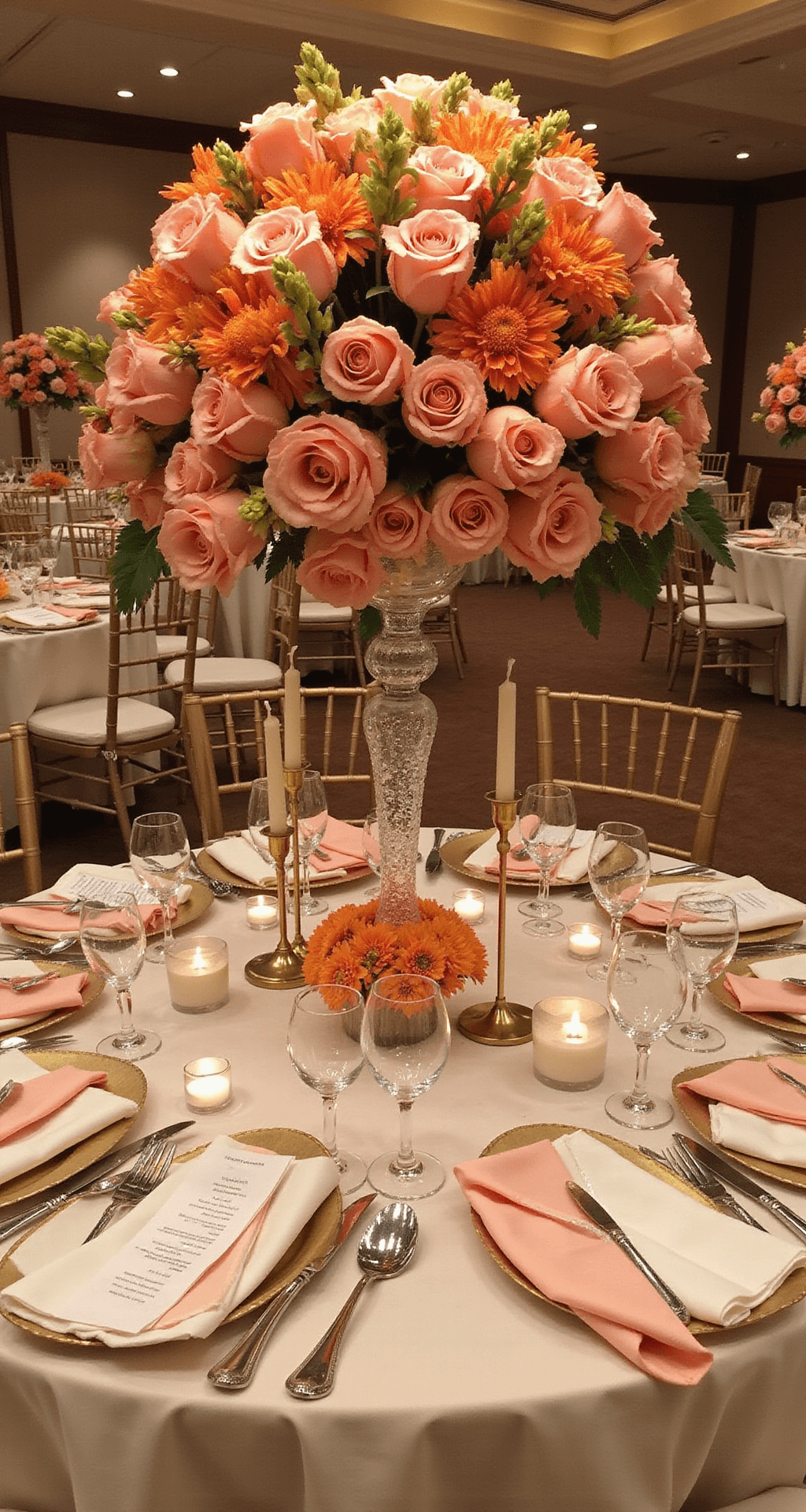 How to Create Stunning Pink and Orange Wedding Flower Arrangements: A Complete Elegant ballroom reception table adorned with ivory silk linens, featuring a dramatic tiered centerpiece of ombré garden roses and calla lilies, crystal candlesticks, gold-rimmed chargers, and warm uplighting.