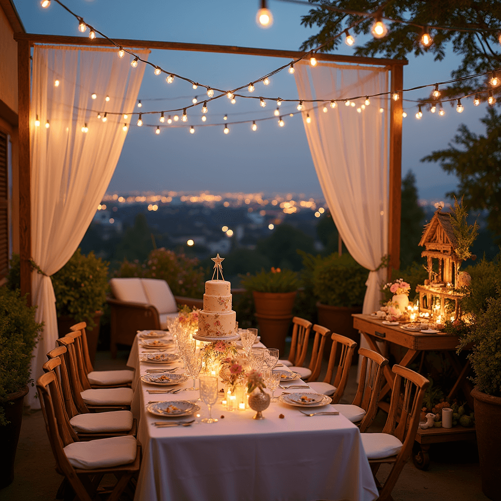 Enchanting Fairy First Birthday Party: A Magical Celebration Guide A fairy-themed birthday party on a rooftop terrace at twilight, featuring string lights, a table with floral china and fairy wands, a dessert cart with star-shaped treats and a treehouse cake, soft tulle drapery, potted plants, and city lights in the background.