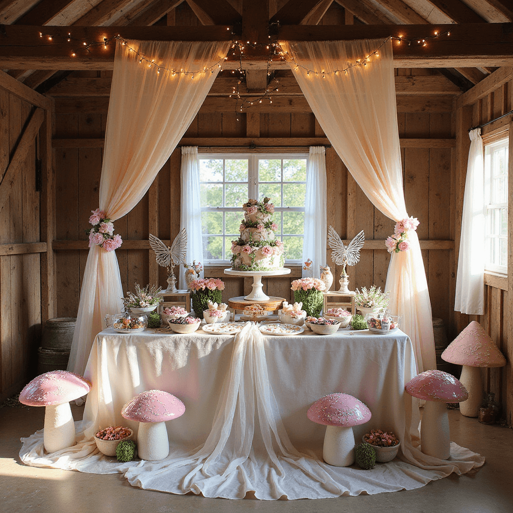 Enchanting Fairy First Birthday Party: A Magical Celebration Guide A whimsical fairy birthday celebration in a rustic barn with flowing blush and cream fabrics, fairy lights, a dessert table with a whimsical cake and candy forest, a wing-decorating station, oversized paper flowers, and painted wooden toadstools, all illuminated by natural light from the barn windows.