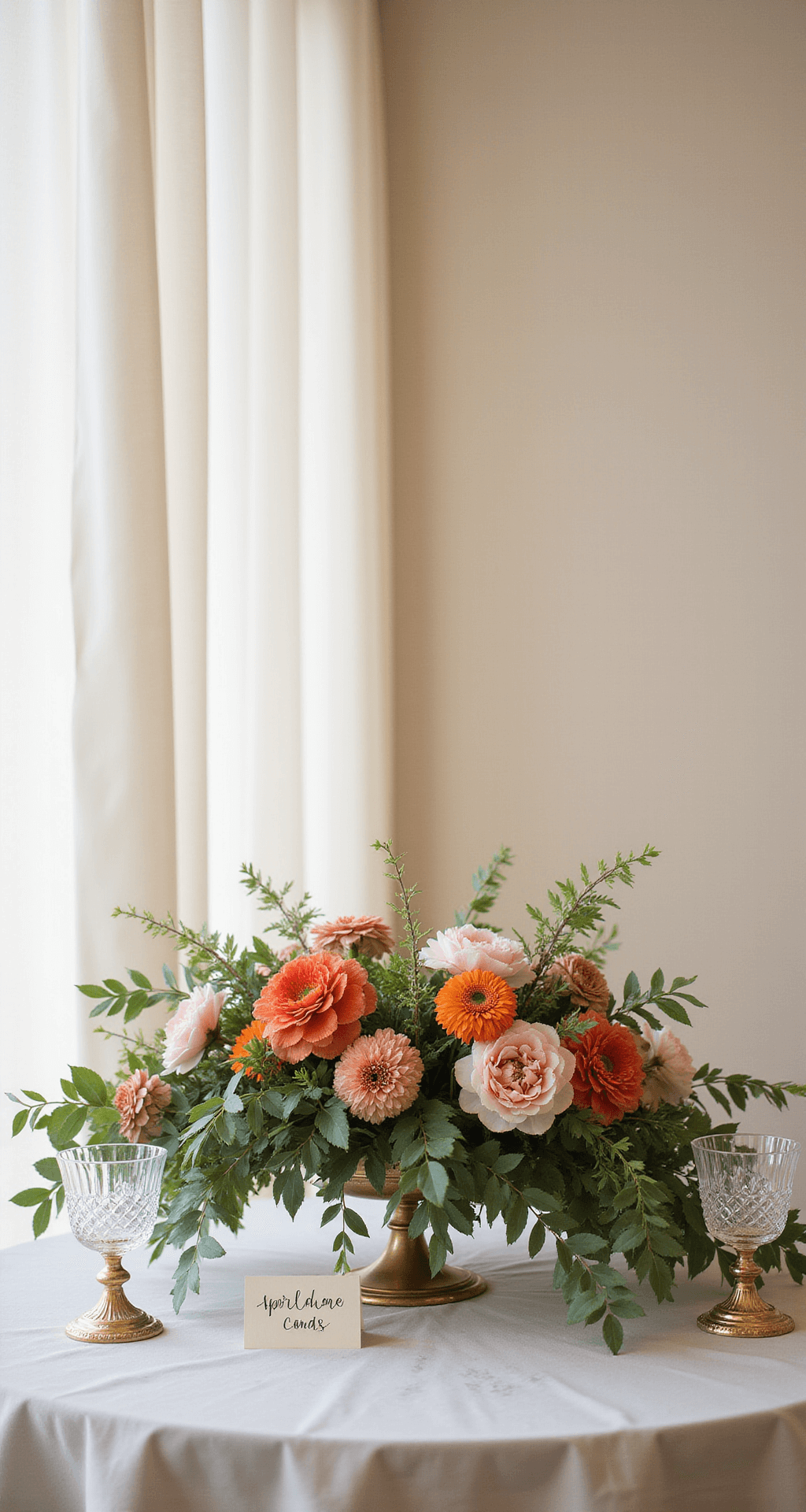 How to Create Stunning Pink and Orange Wedding Flower Arrangements: A Complete Intimate sweetheart table featuring a lush floral arrangement of coral charm peonies, burnt orange dahlias, and dusty pink carnations on a marble surface, with vintage crystal vessels and hand-calligraphed place cards, framed by sheer drapery against a cream backdrop.