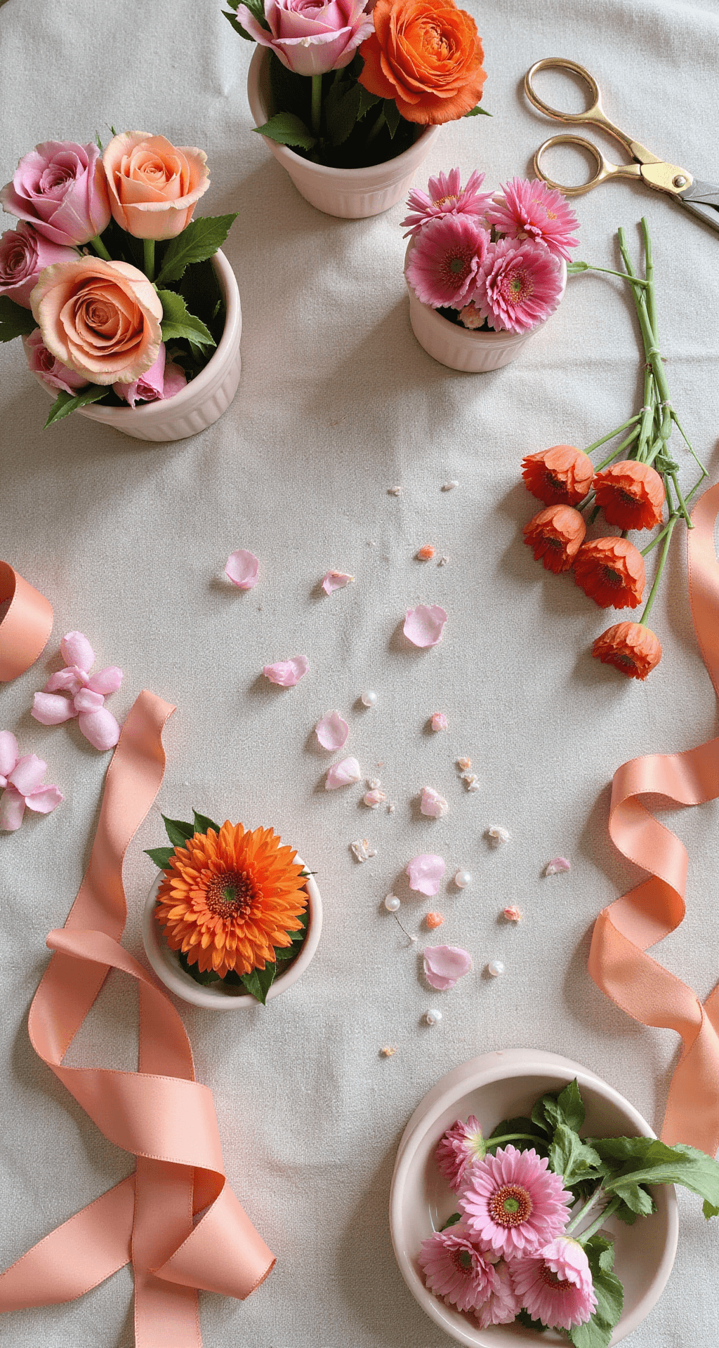 How to Create Stunning Pink and Orange Wedding Flower Arrangements: A Complete Overhead view of a bridal bouquet preparation station featuring organized vessels with pink and orange blooms, including garden roses, tulips, and ranunculus. Surrounding the natural linen surface are coral, blush, and peach ribbon samples, vintage brass scissors, floral tape, and pearl-headed pins, illuminated by soft natural light.